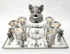 Wild Boar Game Hunting Themed Silver Plate Decanter Drinks Set on Tray, c. 1960