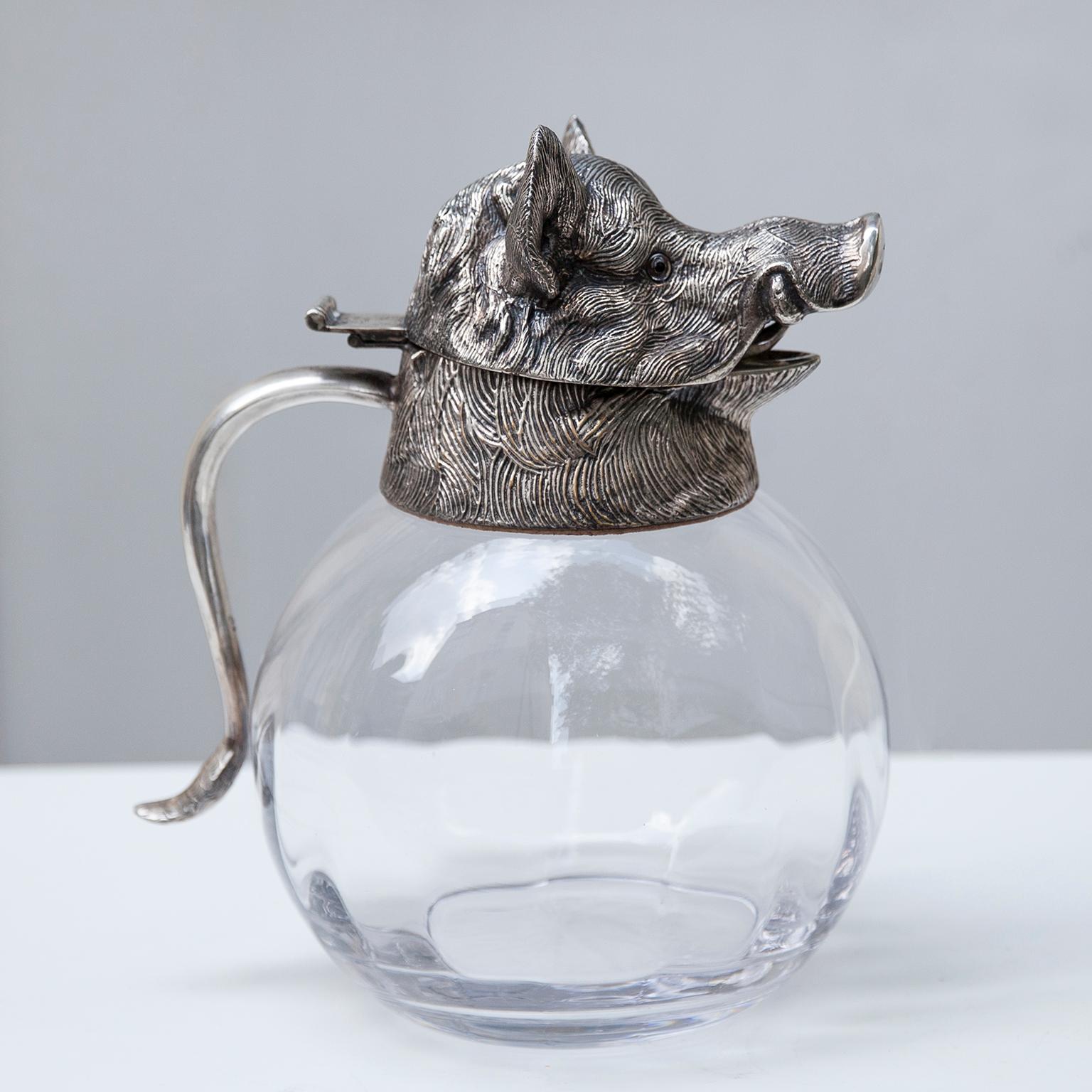 Elegant silver plated wild boar head carafe pitcher by Valenti, Spain, 1970.

   