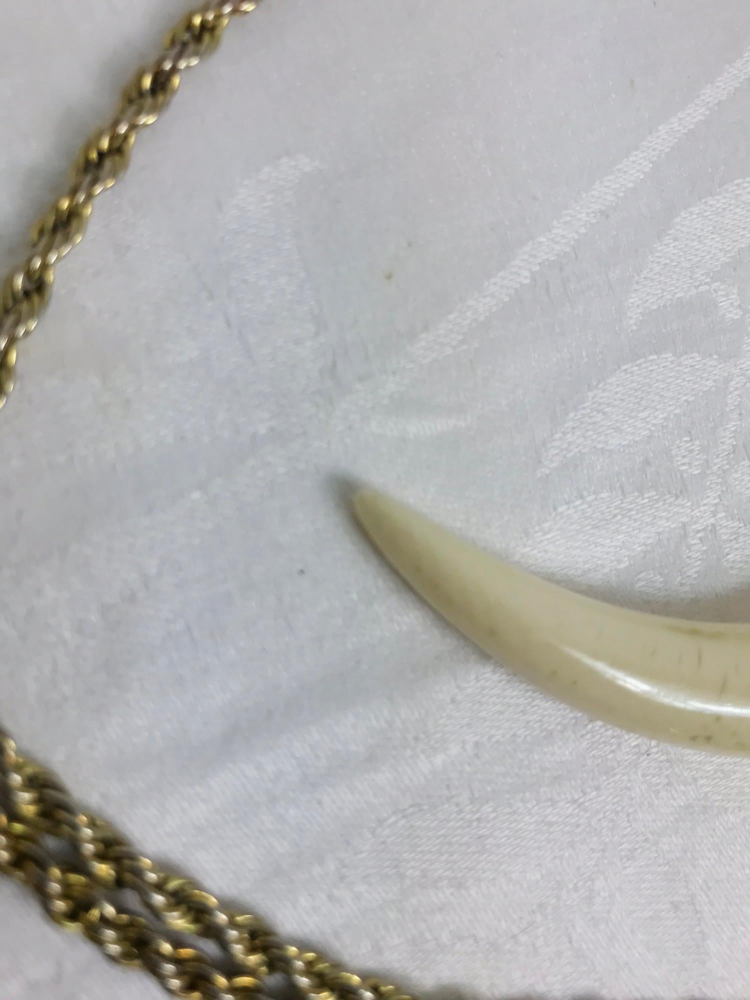 Artisan Wild Boars Tusk 14K Gold Mounted Necklace 1950s