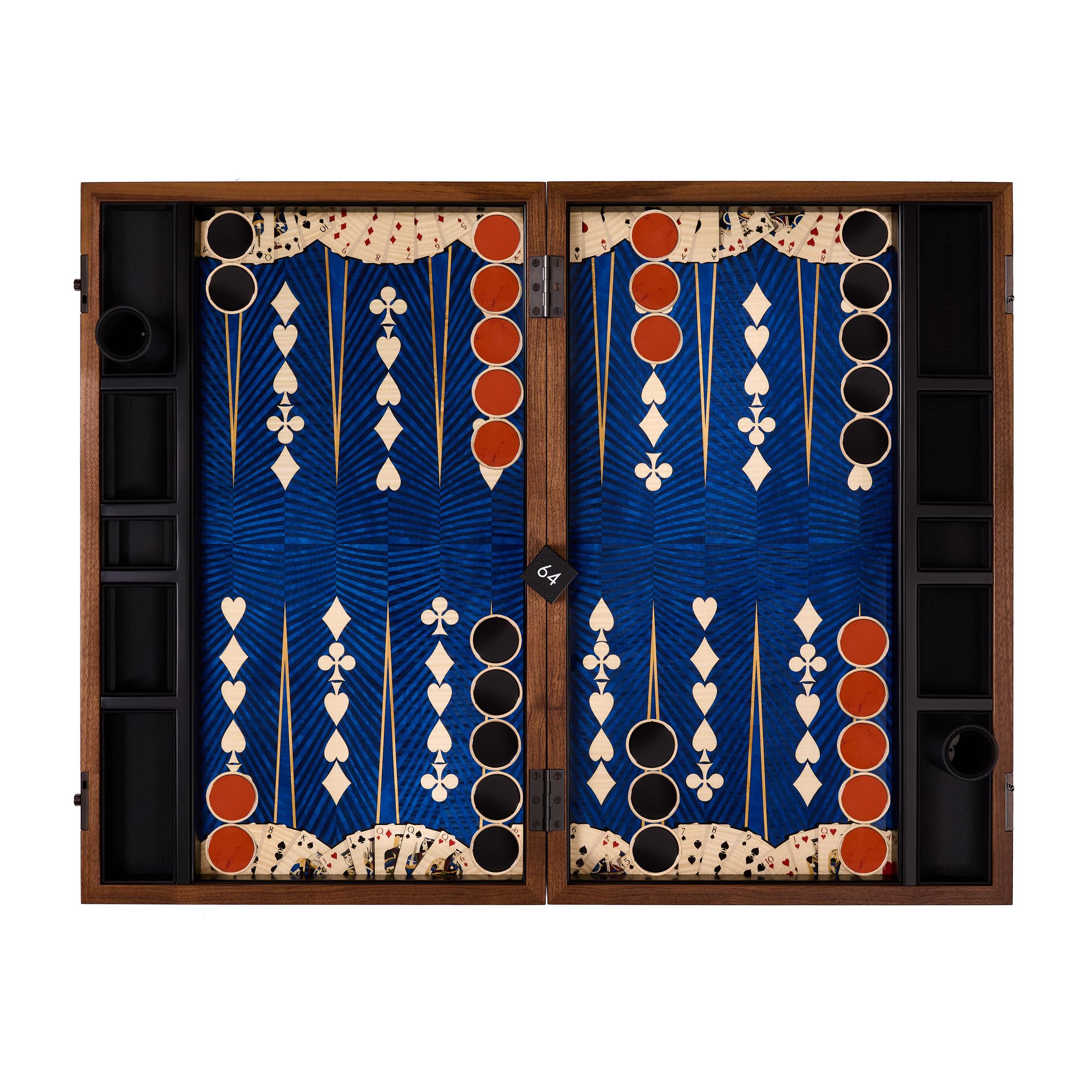 The thrill of a game of cards as the stakes raise higher and higher is magnificently interpreted in our Signature Wild Card Marquetry backgammon set. The perfect gift for the card shark in your life, the intricacy of the wood inlay is incredible,