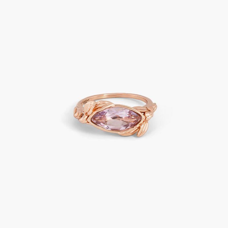 Wild Flower ring in Rose de France amethyst and 14k rose gold plated sterling silver, Size M

Designed for the wild romantic, the Wild Flower collection is inspired by hazy summer days & barley fields. A pastel faceted marquise stone is set within a
