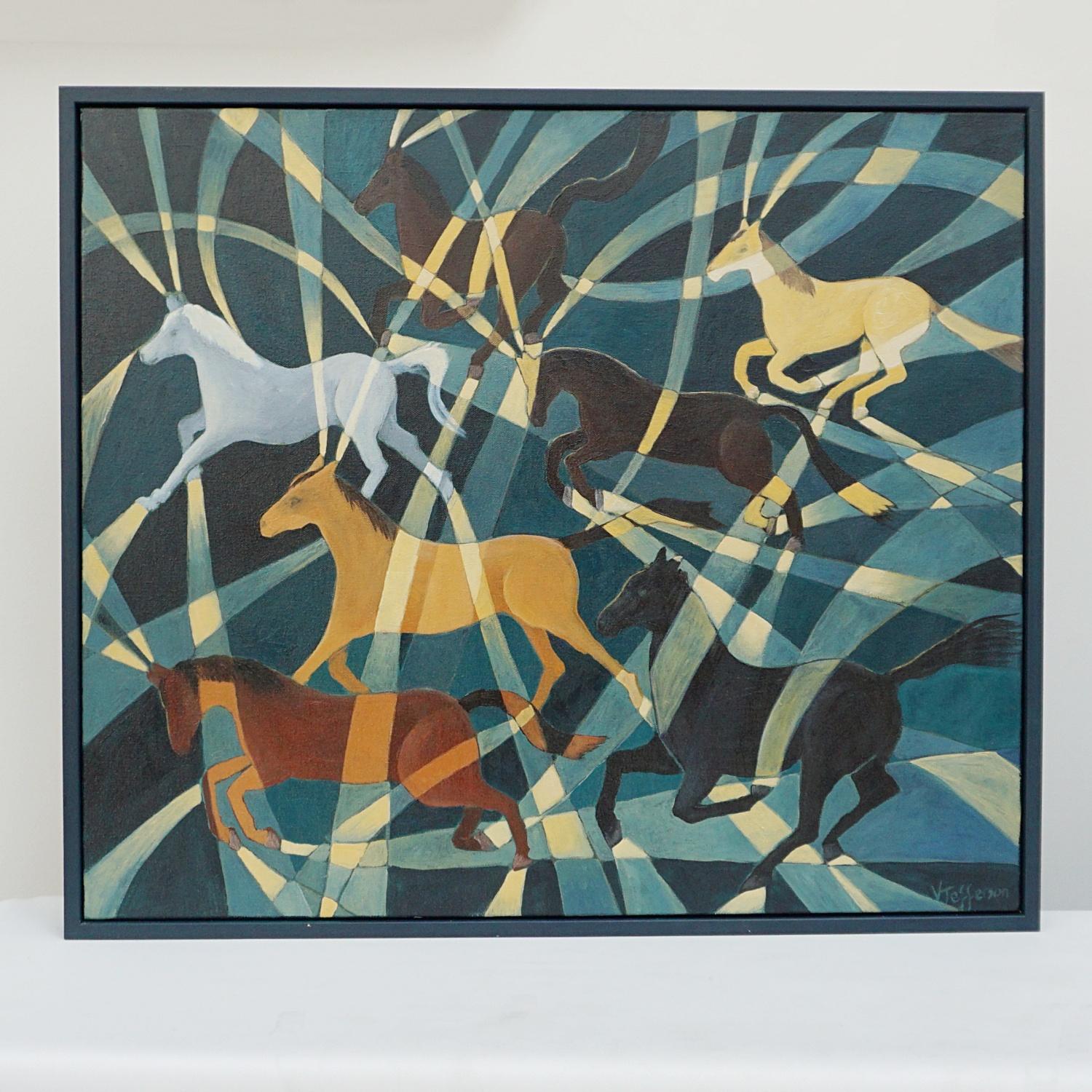 'Wild Horses' An Art Deco style contemporary painting by Vera Jefferson depicting galloping horses amongst a stylised background. Signed V Jefferson to lower right. 

Dimensions: H 62.5cm W 72.5cm D 5cm

Vera Jefferson trained at Goldsmiths College,