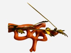 Wild Red Coral Branch Gold Brooch
