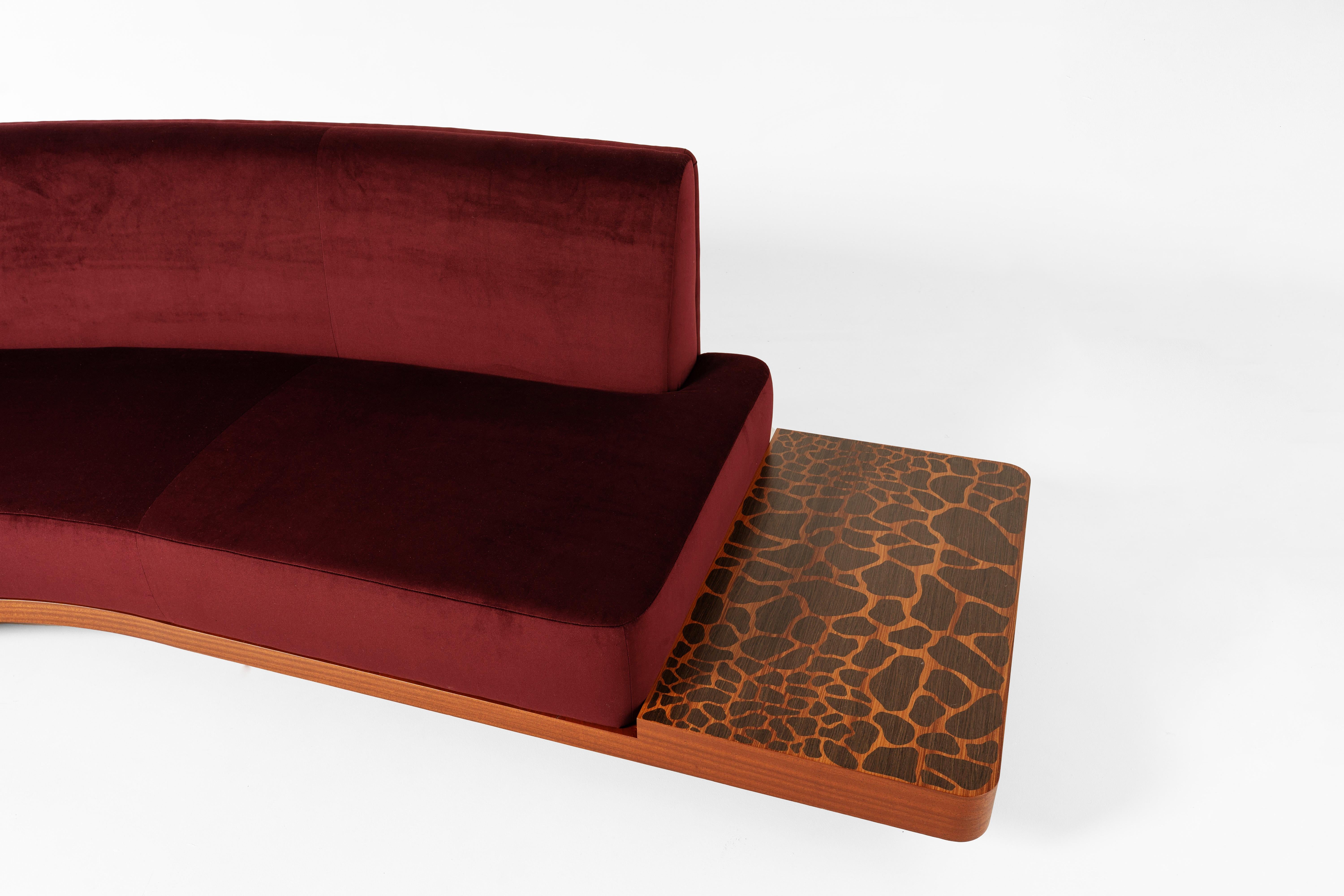 WILD SIDE Curved Red Wine Sofa with Giraffe-Inlaid Low Table by Lorenza Bozzoli For Sale 4