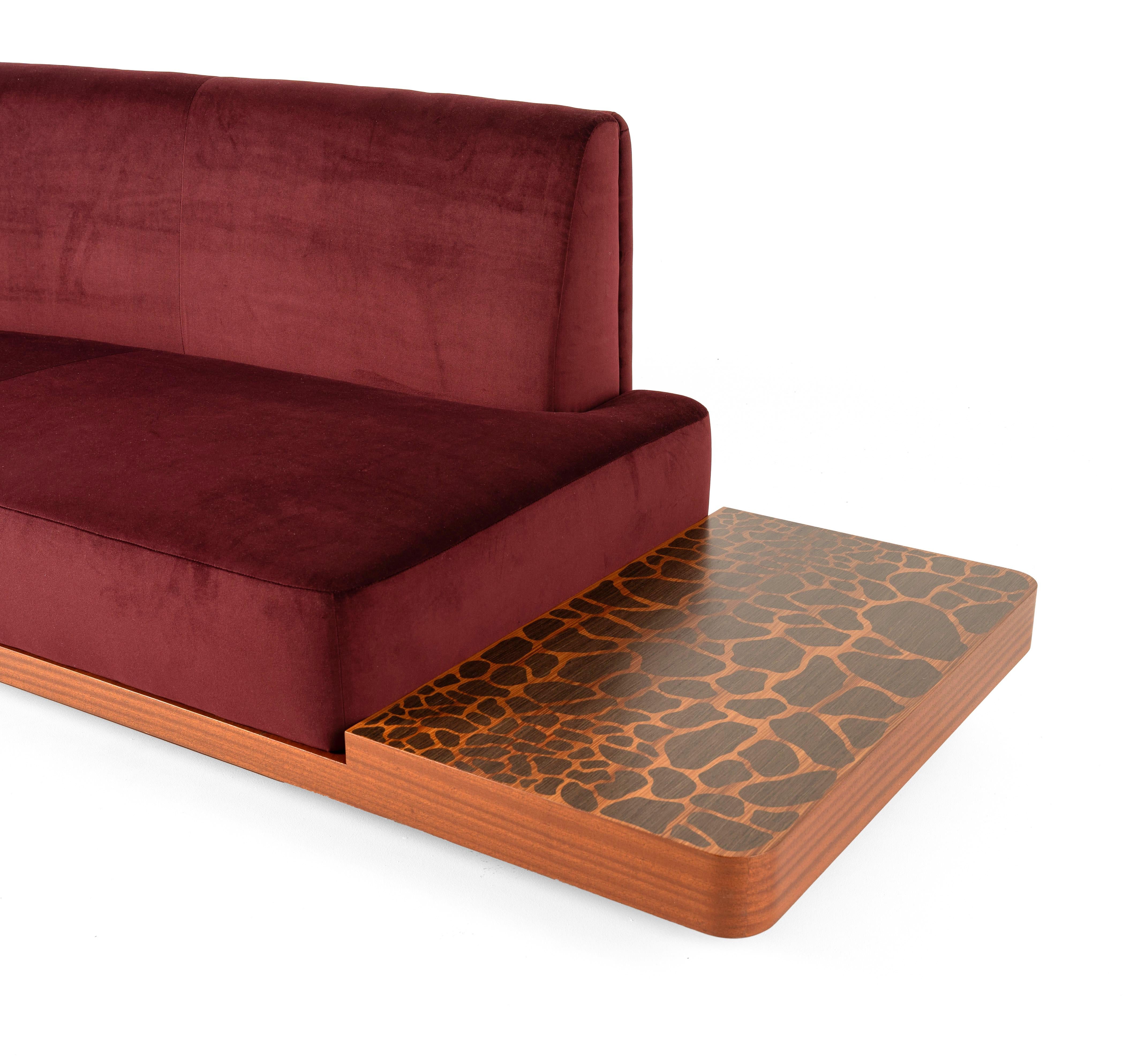 Hand-Carved WILD SIDE Curved Red Wine Sofa with Giraffe-Inlaid Low Table by Lorenza Bozzoli For Sale