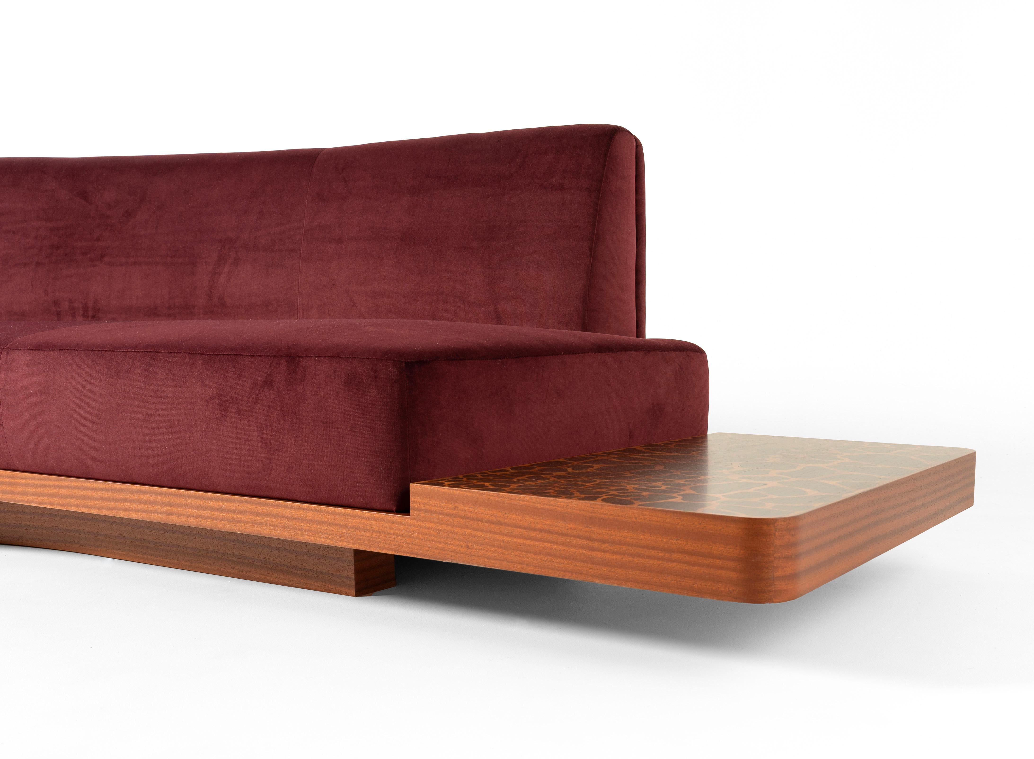WILD SIDE Curved Red Wine Sofa with Giraffe-Inlaid Low Table by Lorenza Bozzoli For Sale 1