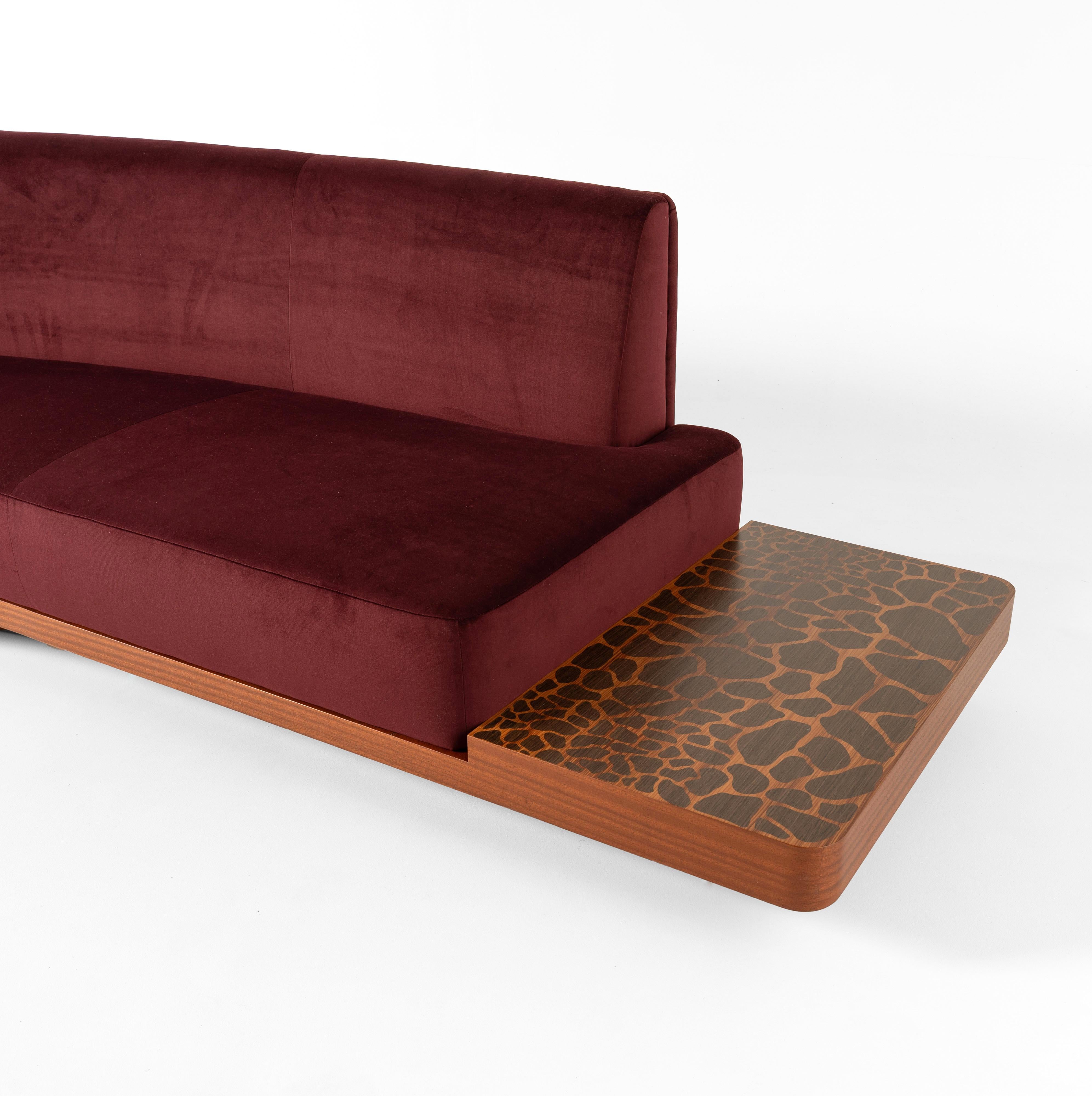WILD SIDE Curved Red Wine Sofa with Giraffe-Inlaid Low Table by Lorenza Bozzoli For Sale 2