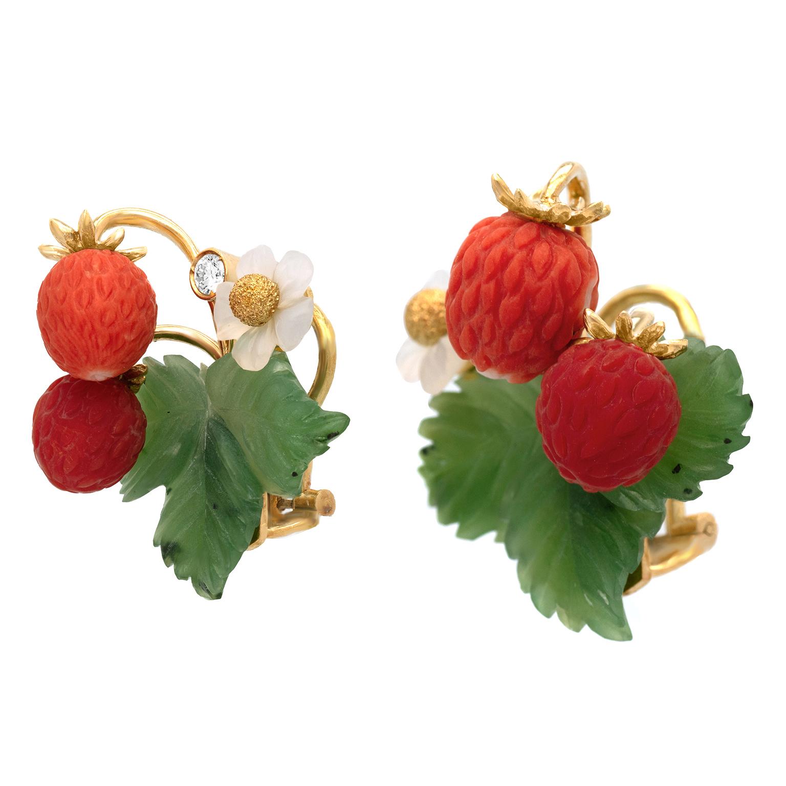 Cabochon Wild Strawberries Hardstone Earrings For Sale