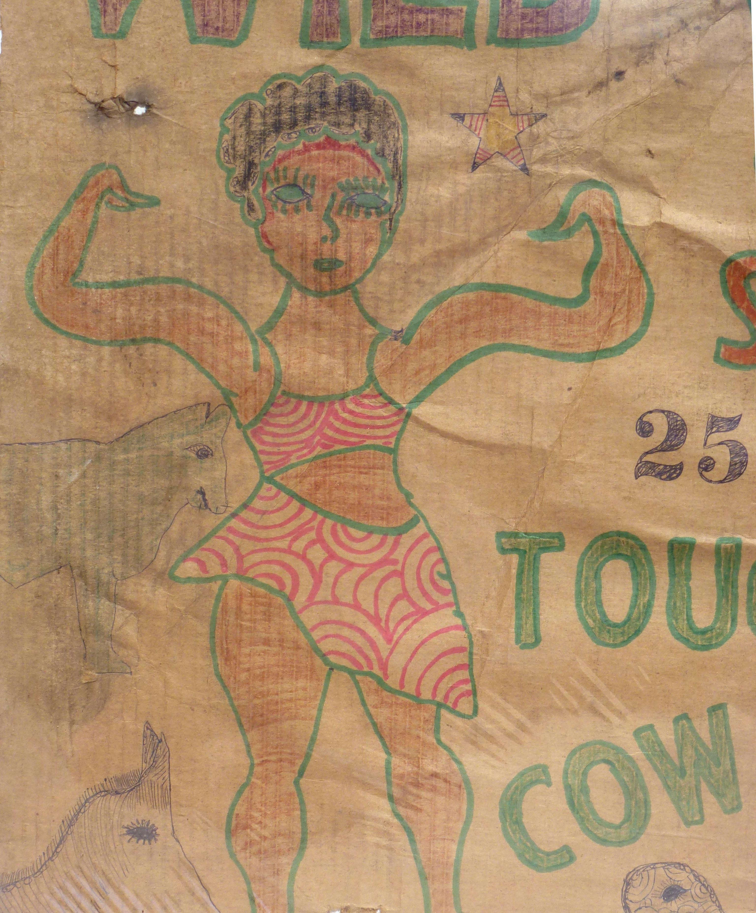 Wild West-Tough Cowgirls by the Outsider Artist Lewis Smith Crayon, Ink, Marker In Fair Condition For Sale In Fort Payne, AL