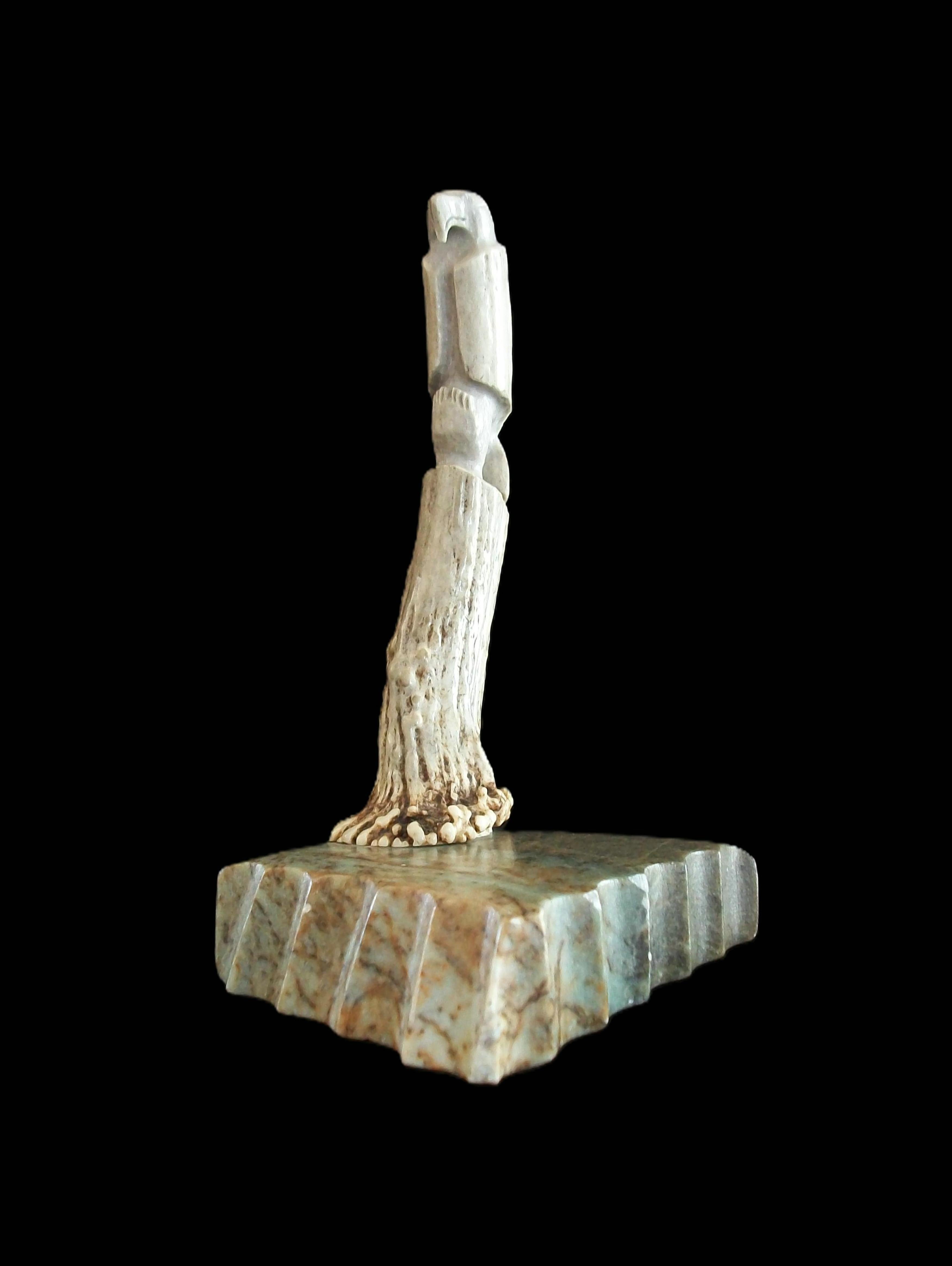 Native American WILDE - Inuit Deer Antler & Stone Carving of an Eagle - Canada - Circa 2004 For Sale