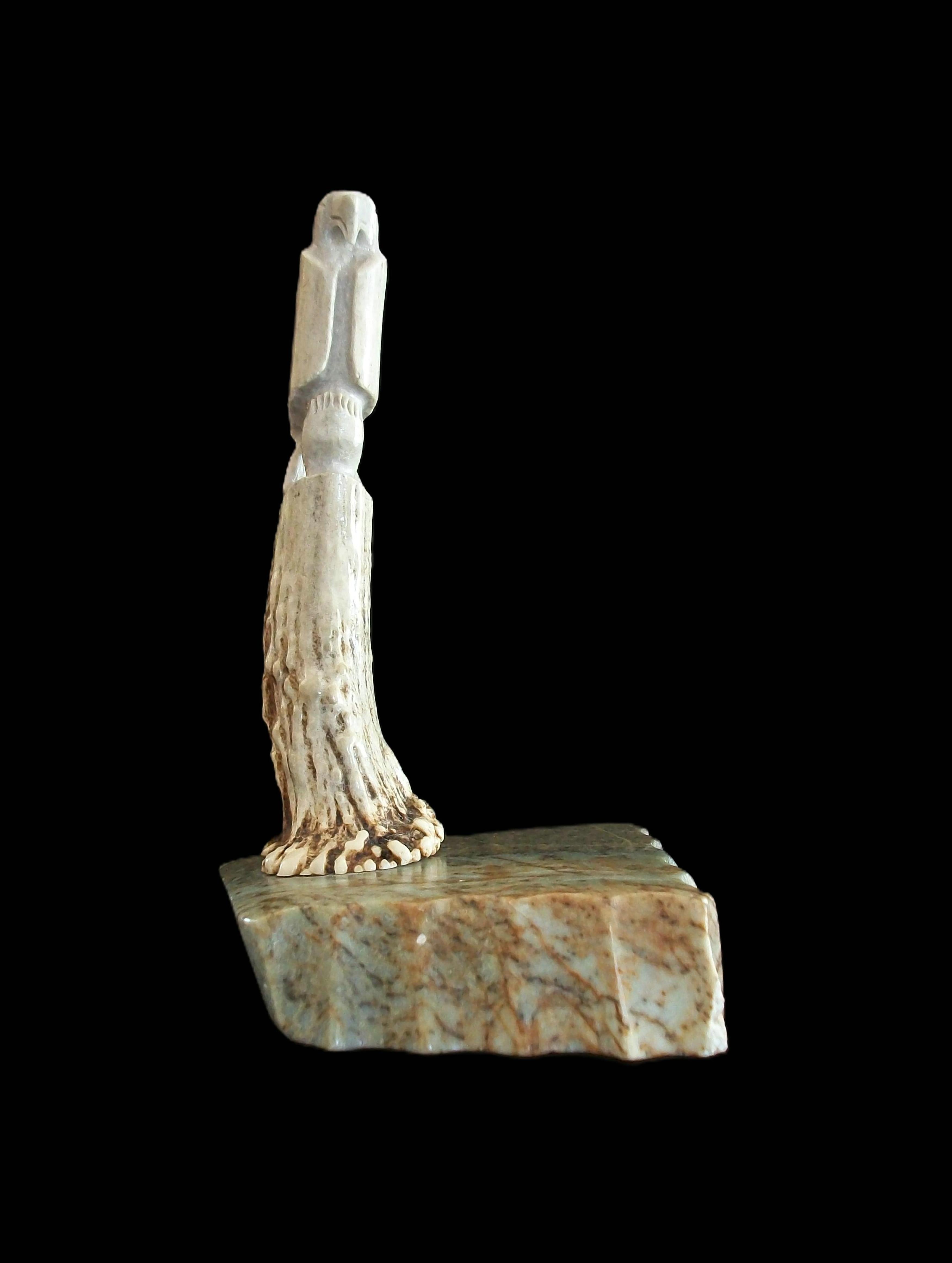 Canadian WILDE - Inuit Deer Antler & Stone Carving of an Eagle - Canada - Circa 2004 For Sale