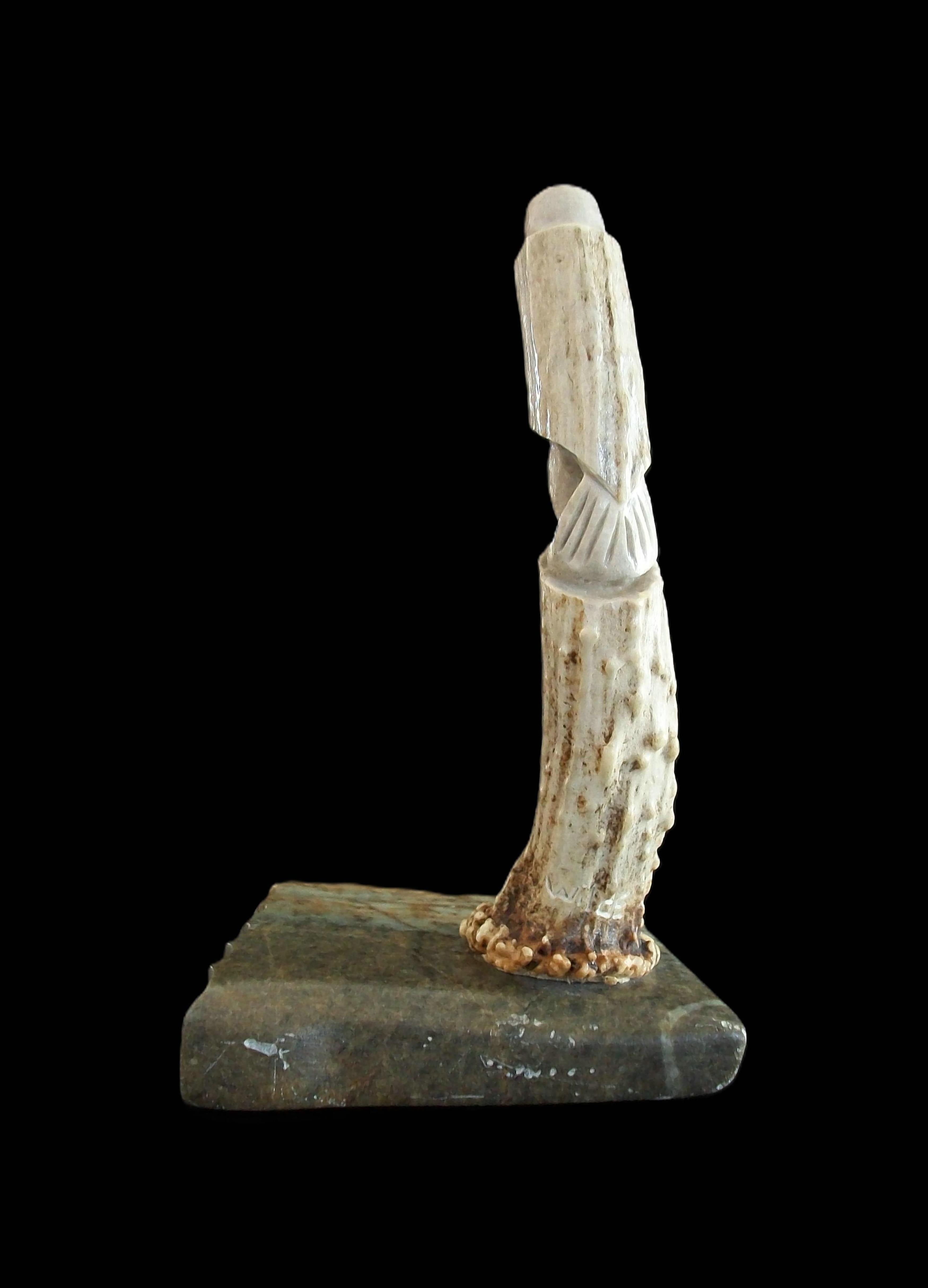 Hand-Carved WILDE - Inuit Deer Antler & Stone Carving of an Eagle - Canada - Circa 2004 For Sale