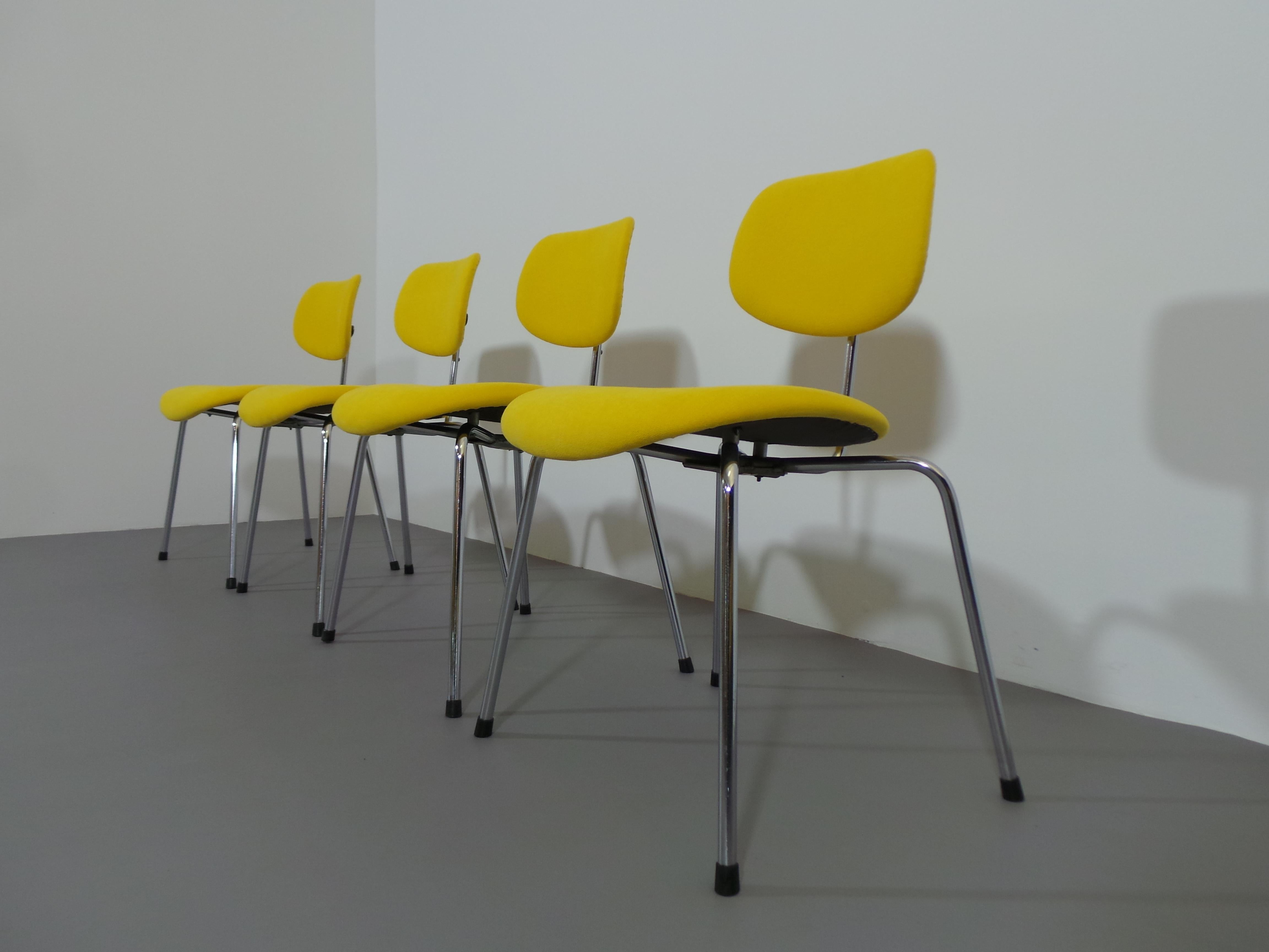 The SE 68 multi-purpose chair by Egon Eiermann is instantly recognisable with its unmistakable silhouette and continues to claim its status as a Mid-Century icon.

Frame chrome-plated tubular steel, upholstered seat and back, yellow fabric cover,