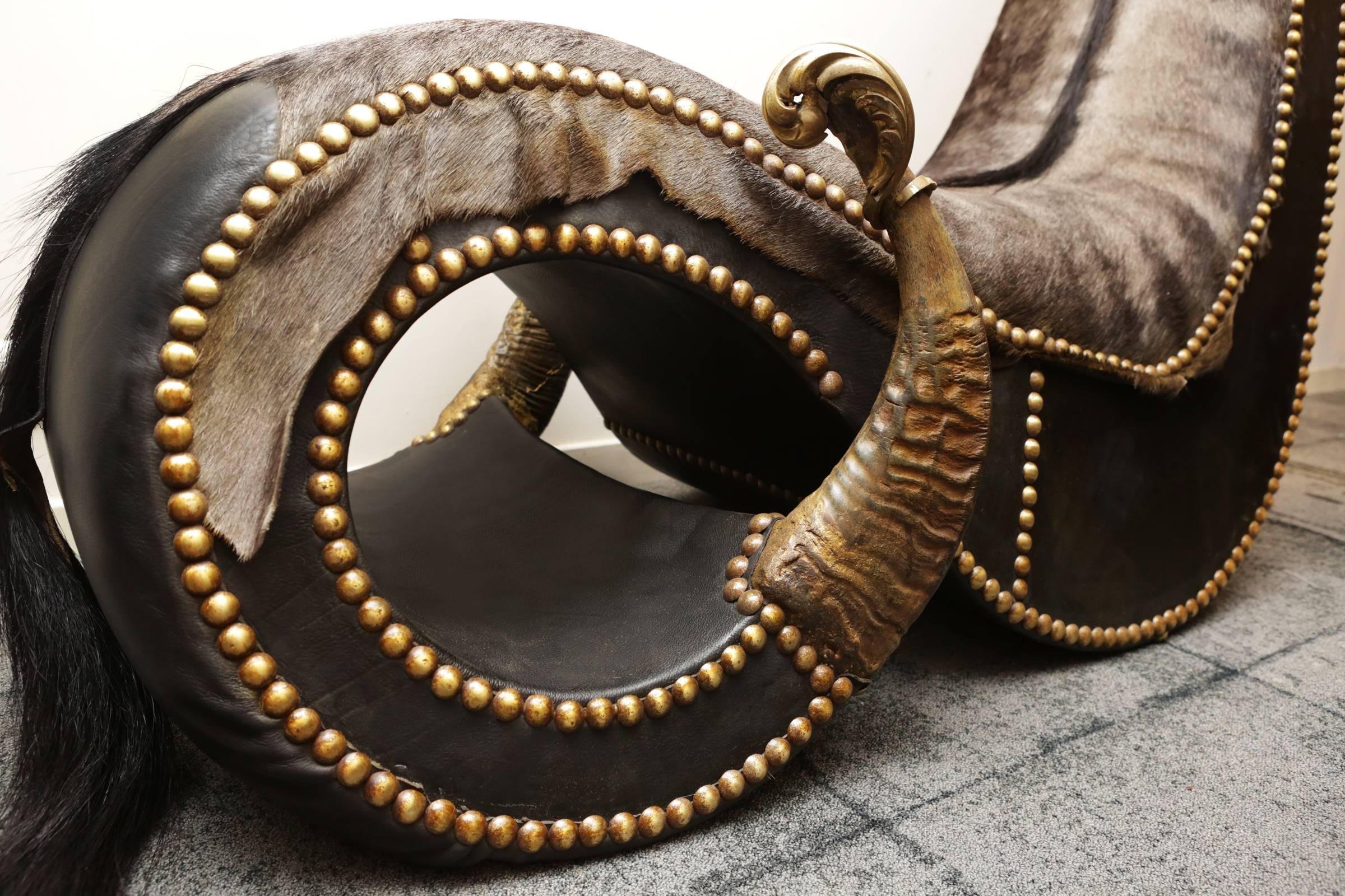Hand-Crafted Wildebeest Armchair with Zebu Horns