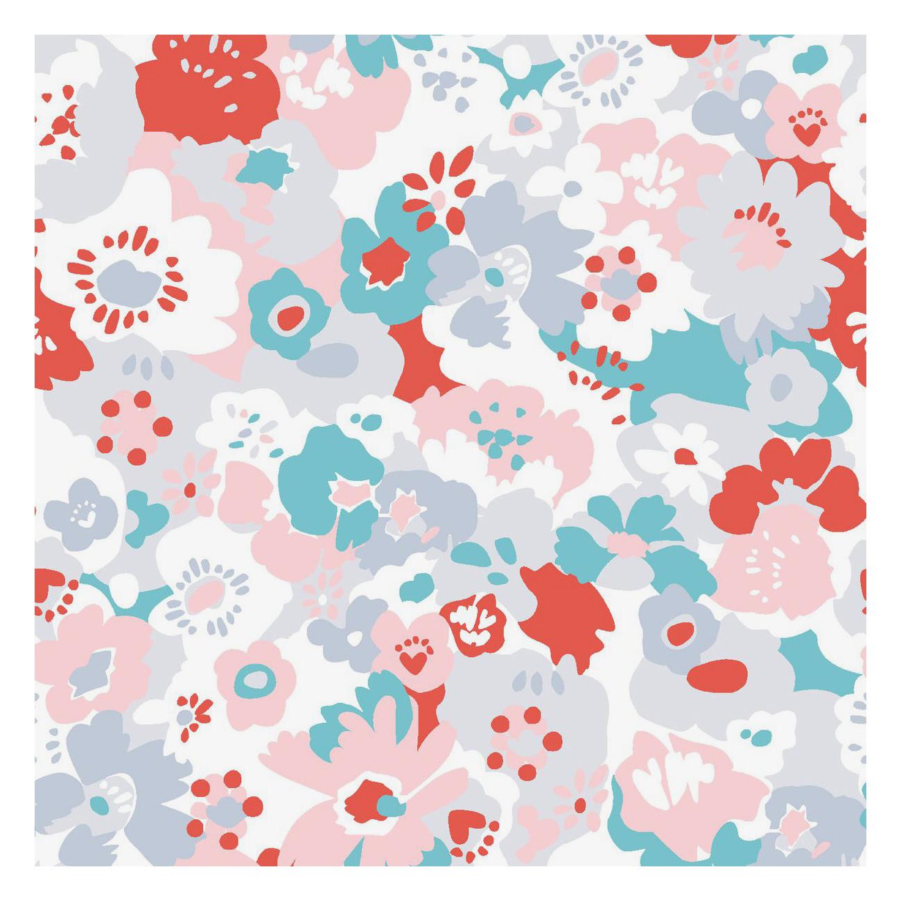 Wildflower Designer Wallpaper in Lola 'Red, Turquoise, Pink and Cool Greys'