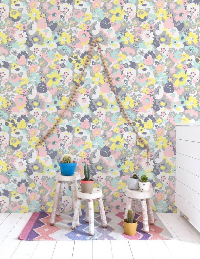 Contemporary Wildflower Designer Wallpaper in Neapolitan 'Pink, Yellow, Mint and Grey' For Sale