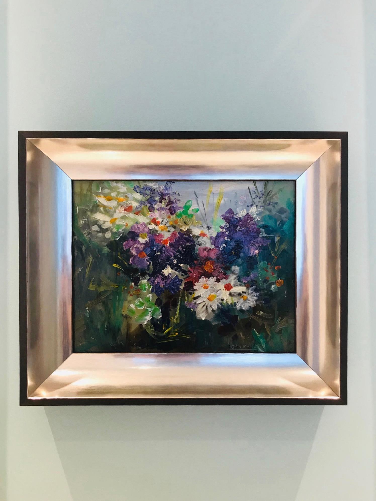 Outstanding contemporary impressionist still life painting depicting a series of wildflowers. Oil on board in custom shadow box frame with ebonized wood exterior and molded interior in satin white gold. Signed on lower right corner by American