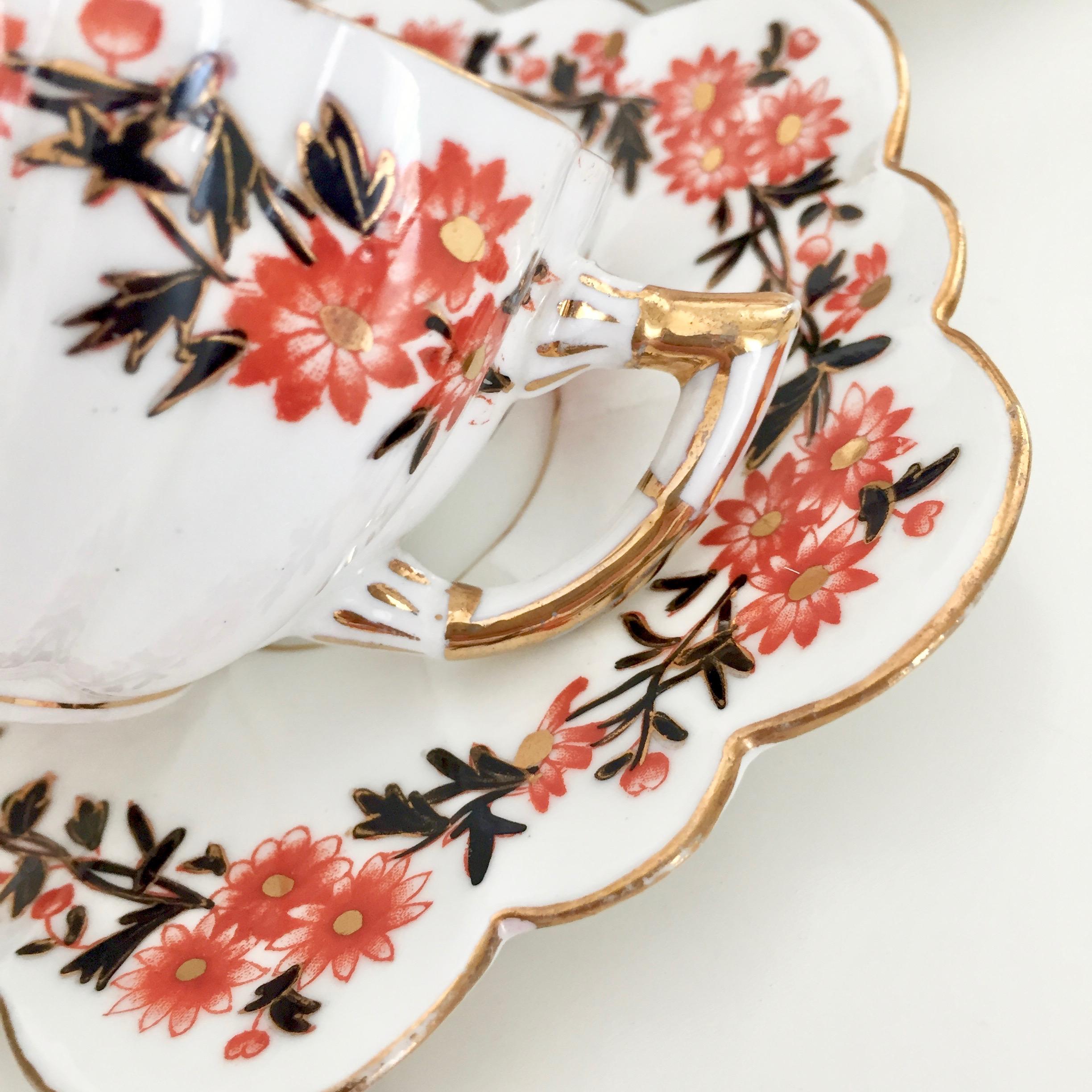 English Wileman Porcelain Demitasse Cup and Saucer, Daisy Wreath, Red, Victorian, 1890