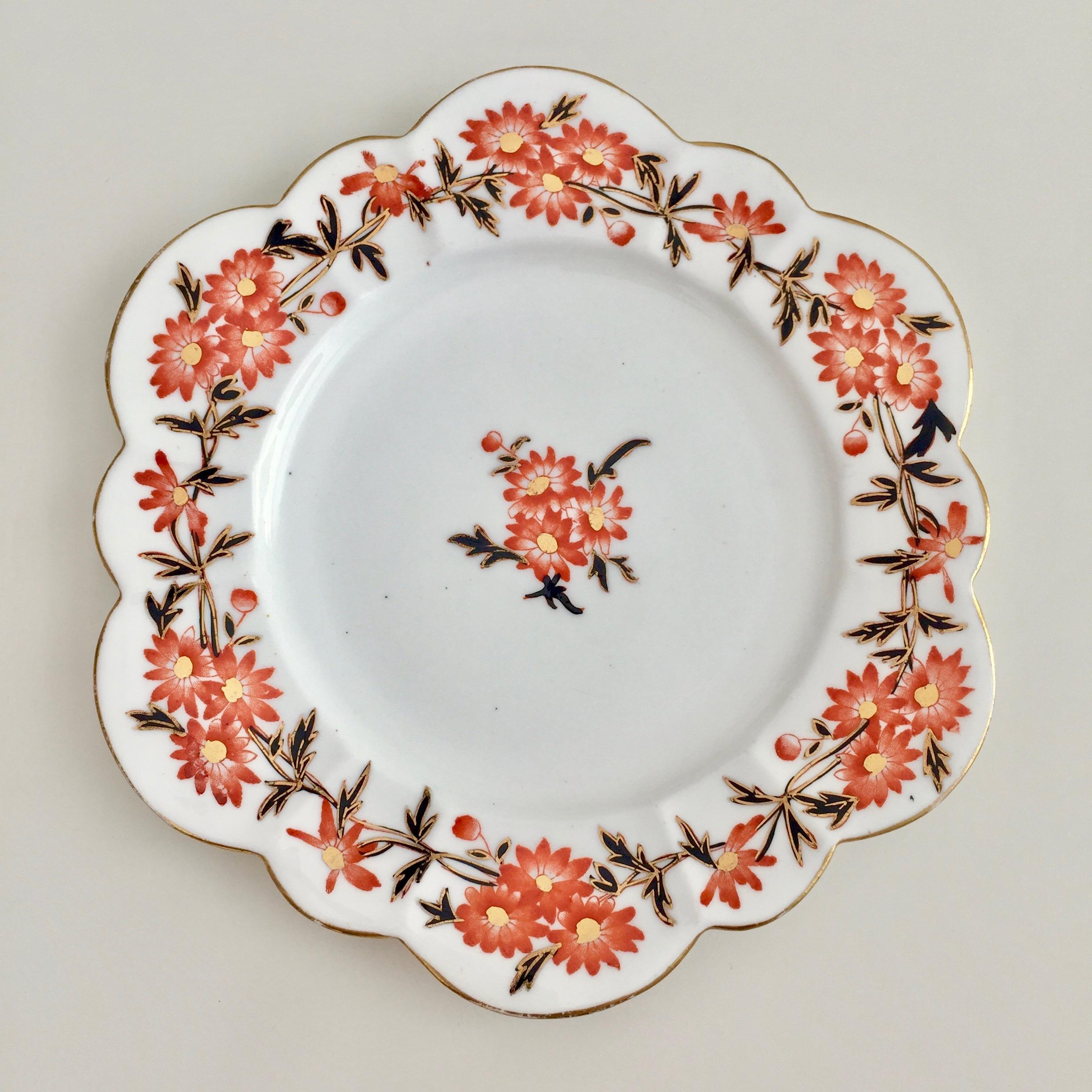 Hand-Painted Wileman Porcelain Demitasse Cup and Saucer, Daisy Wreath, Red, Victorian, 1890
