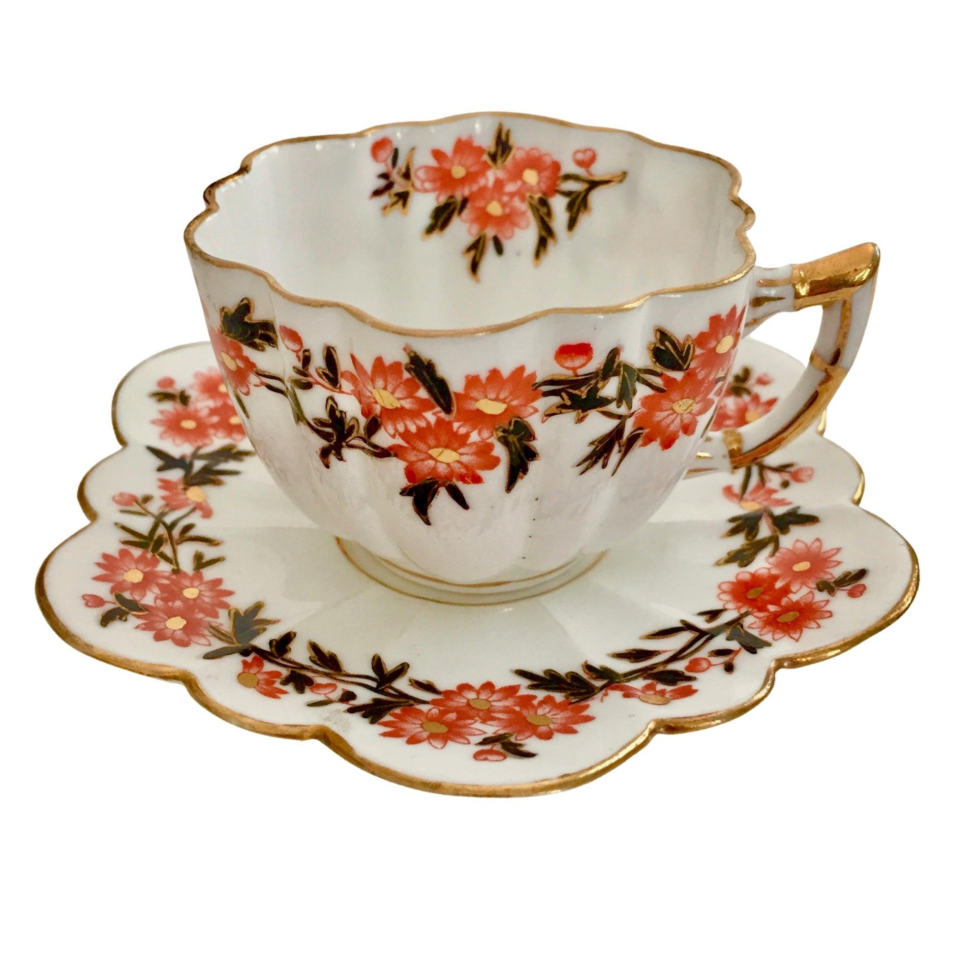 Wileman Porcelain Demitasse Cup and Saucer, Daisy Wreath, Red, Victorian, 1890