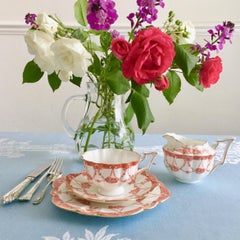 Wileman Tea for One Set, Red Floral Chains on Court Shape, Art Nouveau, 1906