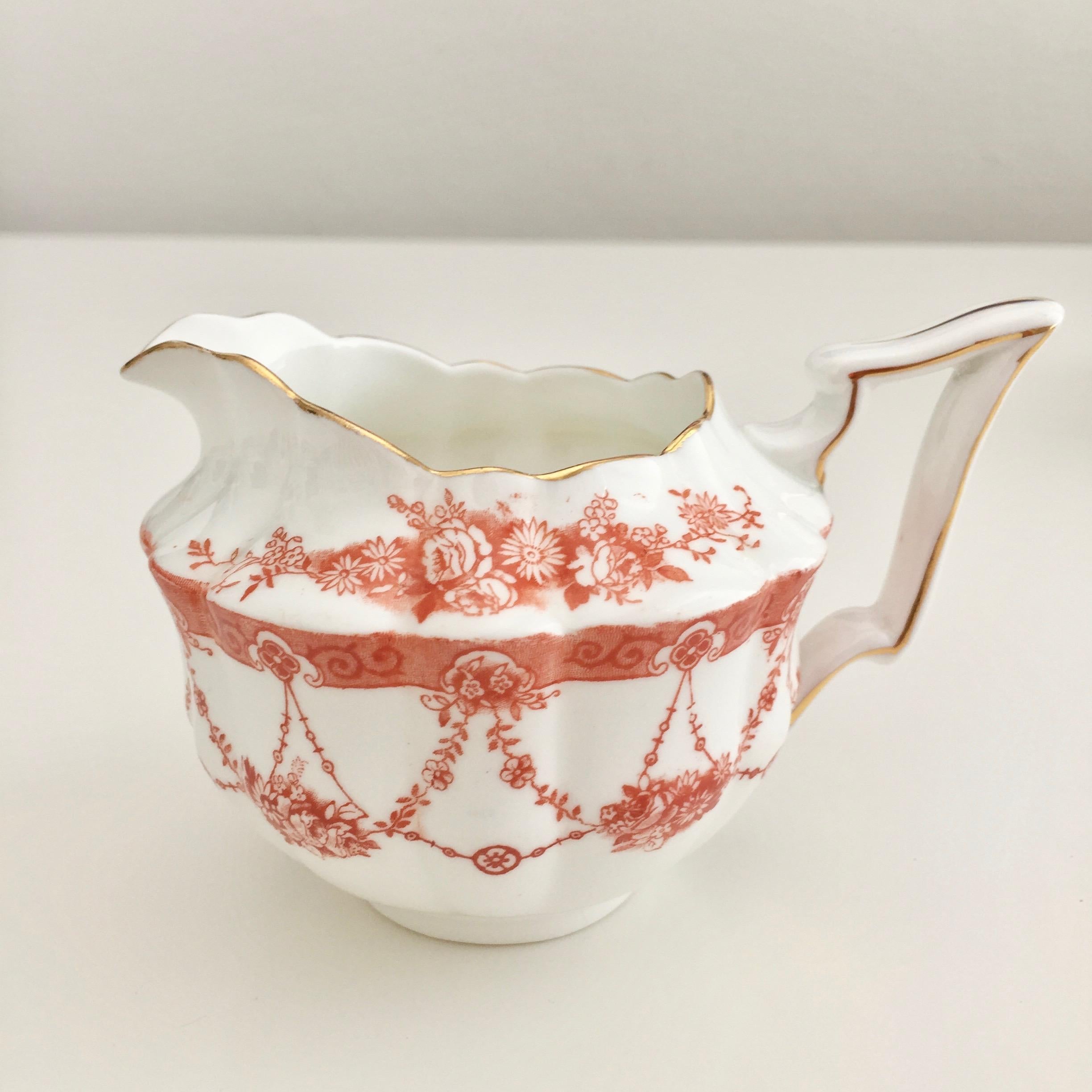 Porcelain Wileman Tea for One Set, Red Floral Chains on Court Shape, Art Nouveau, 1906