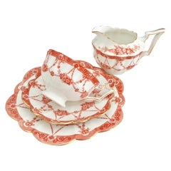 Wileman Tea for One Set, Red Floral Chains on Court Shape, Art Nouveau, 1906