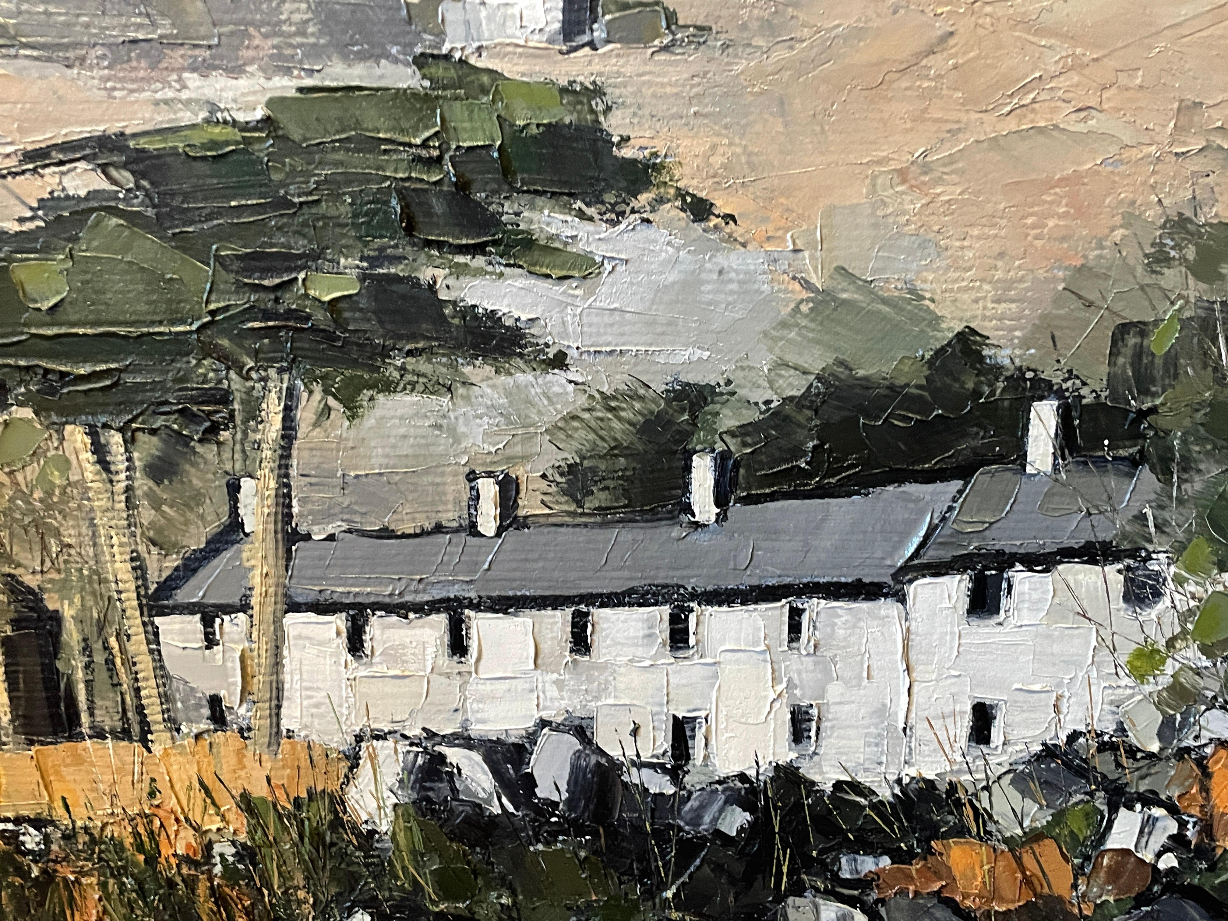 'Pwllheli' Green Welsh Rural Landscape Painting of cottages, mountains and trees For Sale 2