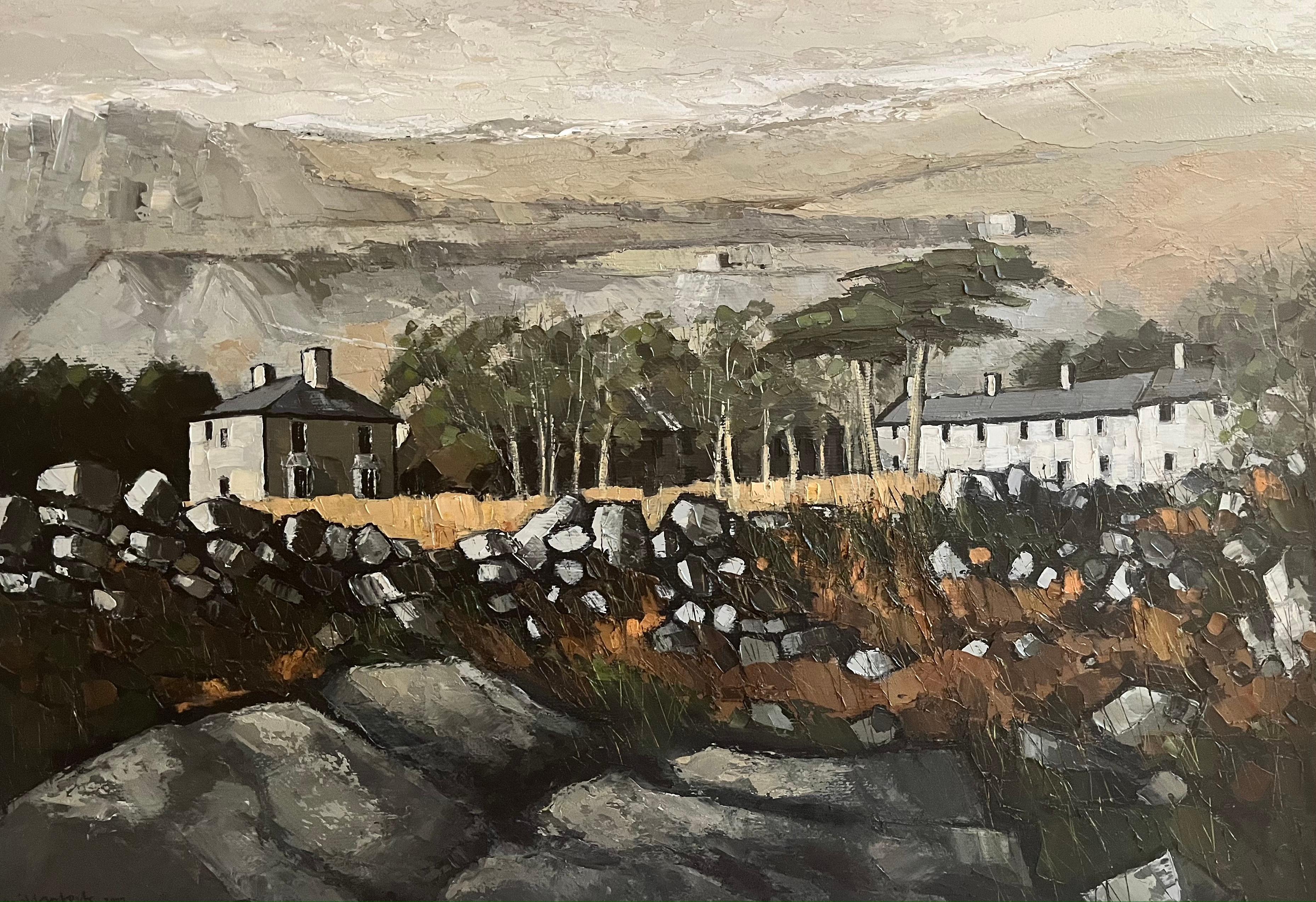'Nant Gwrtheyrn, Pwllheli' Green Welsh Rural Landscape Painting of cottages, mountains and trees. Thick impasto created a rich and atmospheric work. 
With a rich impasto and organic colour palette you can see Wilf Roberts takes great inspiration