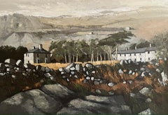 'Pwllheli' Green Welsh Rural Landscape Painting of cottages, mountains and trees