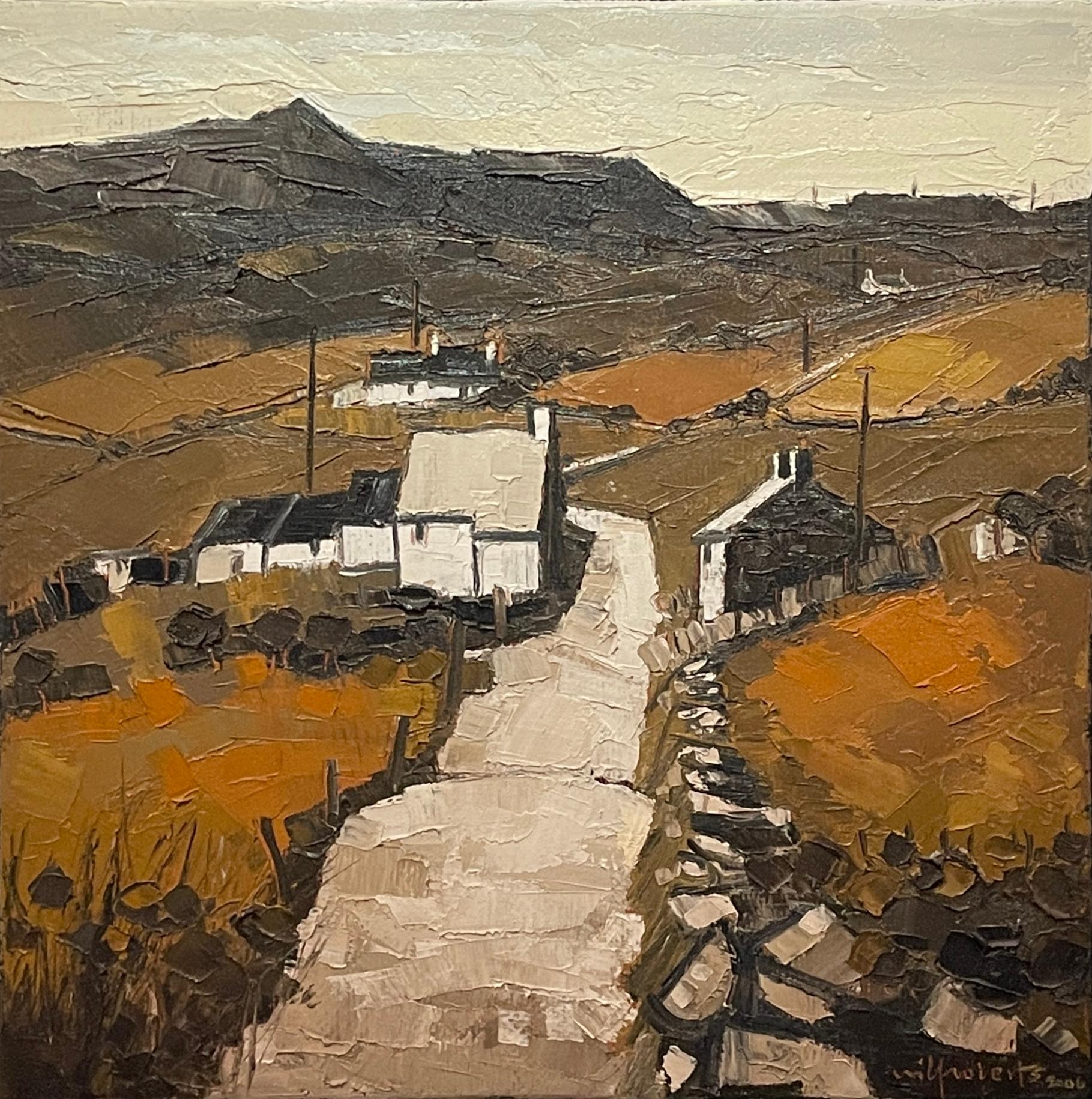'Y garn' Welsh Rural Landscape Painting of cottage and path, orange, yellow For Sale 1