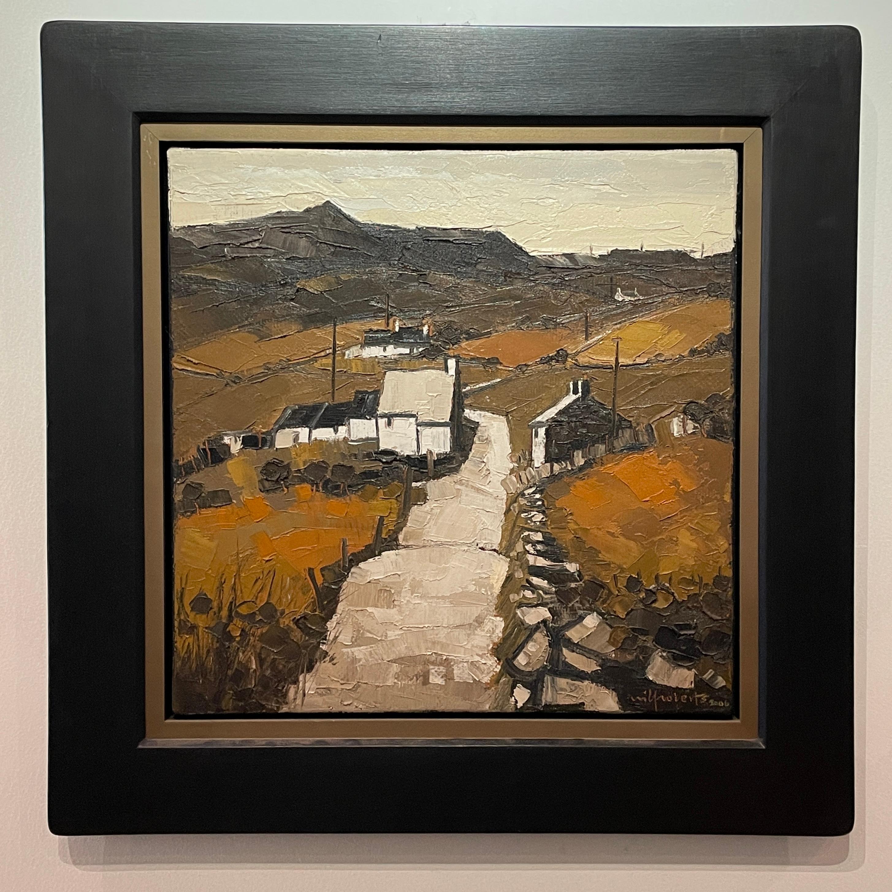 With a rich impasto and organic colour palette you can see Wilf Roberts takes great inspiration from Sir Kyffin Williams – a fellow Welsh landscape painter.
'Y Garn' Welsh landscape painting of a hillside with cottages and mountains. Orange colour