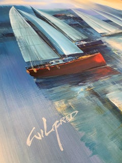 Boats - Acrylic on canvas, Semi-Abstract Painting, 21st Century by Wilfred
