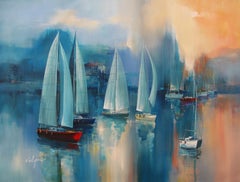 Boats - Acrylic on canvas, Semi-Abstract Painting, 21st Century by Wilfred