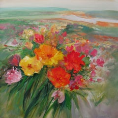 Flower field - Acrylic on canvas, Semi-Abstract Painting, 21st Century by Wilfred