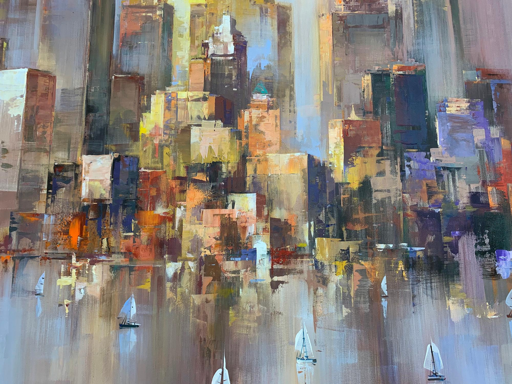 NY Skyline at dusk - landscape painting - Painting by Wilfred Lang