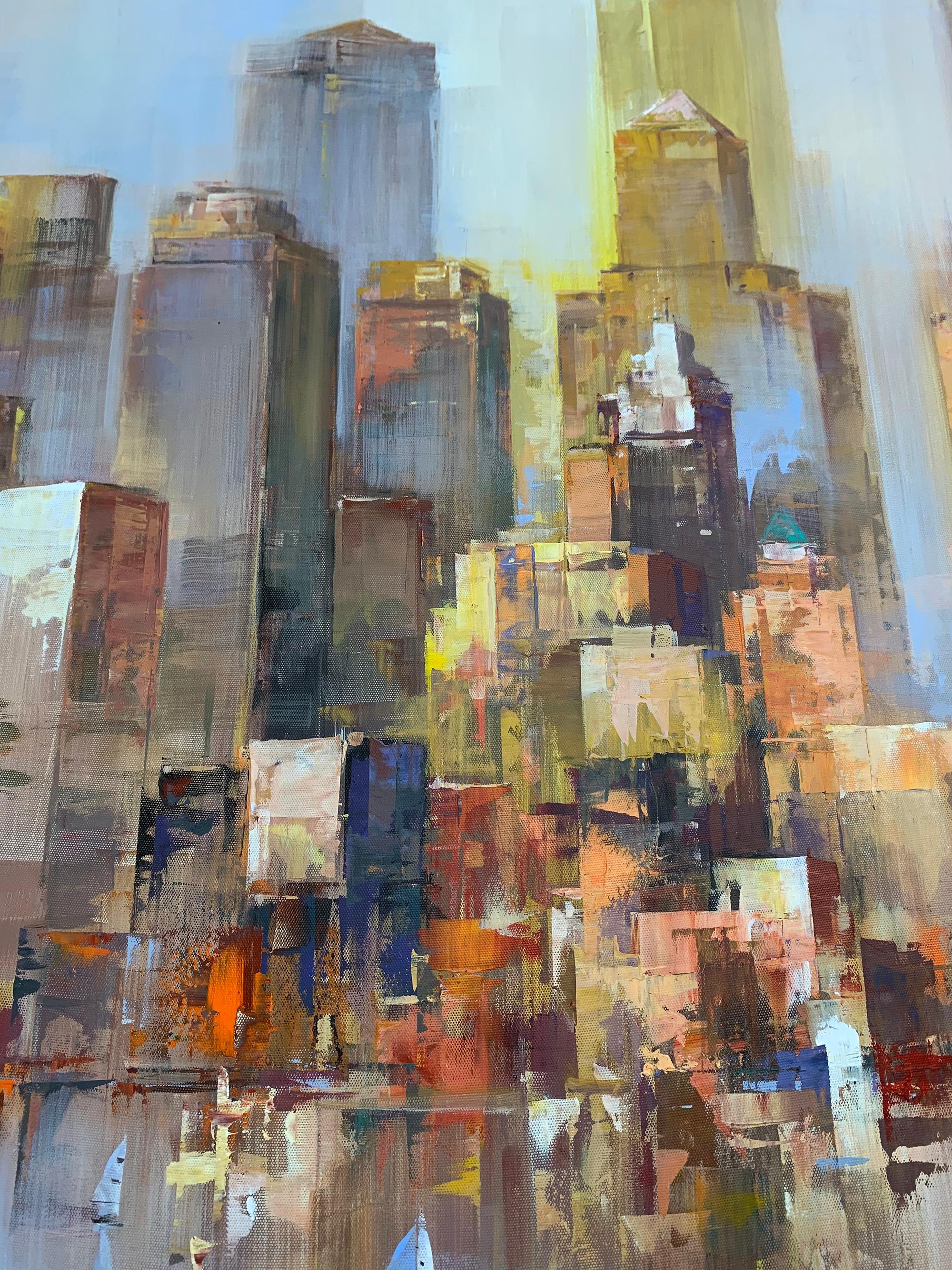 Skyline at dusk (New York) - peinture de paysage en vente 1
