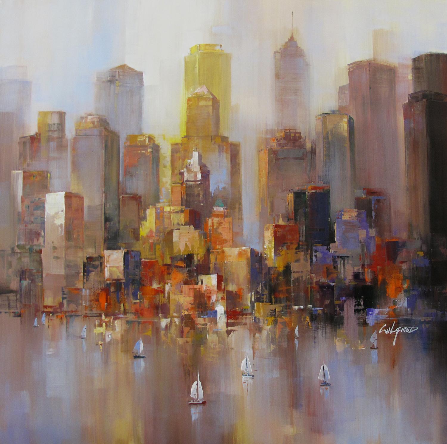 Wilfred Lang Landscape Painting - NY Skyline at dusk - landscape painting