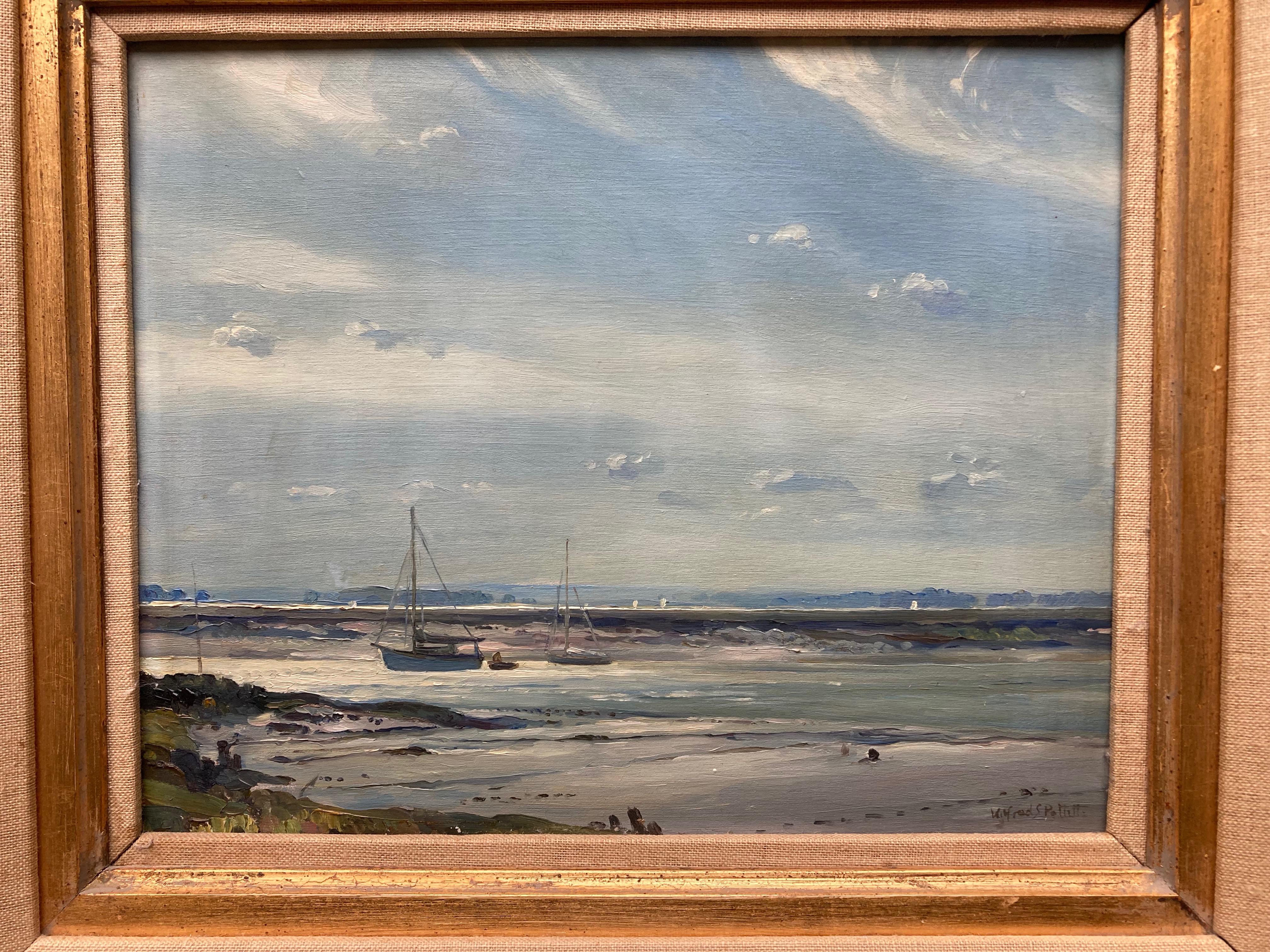 Wilfred Stanley Pettitt (1904-1978)
The Blackwater from Bradwell Quay
Signed, inscribed with title verso
Oil on board
9 x 10¾ inches unframed
14¾ x 16¾ inches with the frame

Wilfred Stanley Pettitt was born in Great Yarmouth in 1904, the fourth
