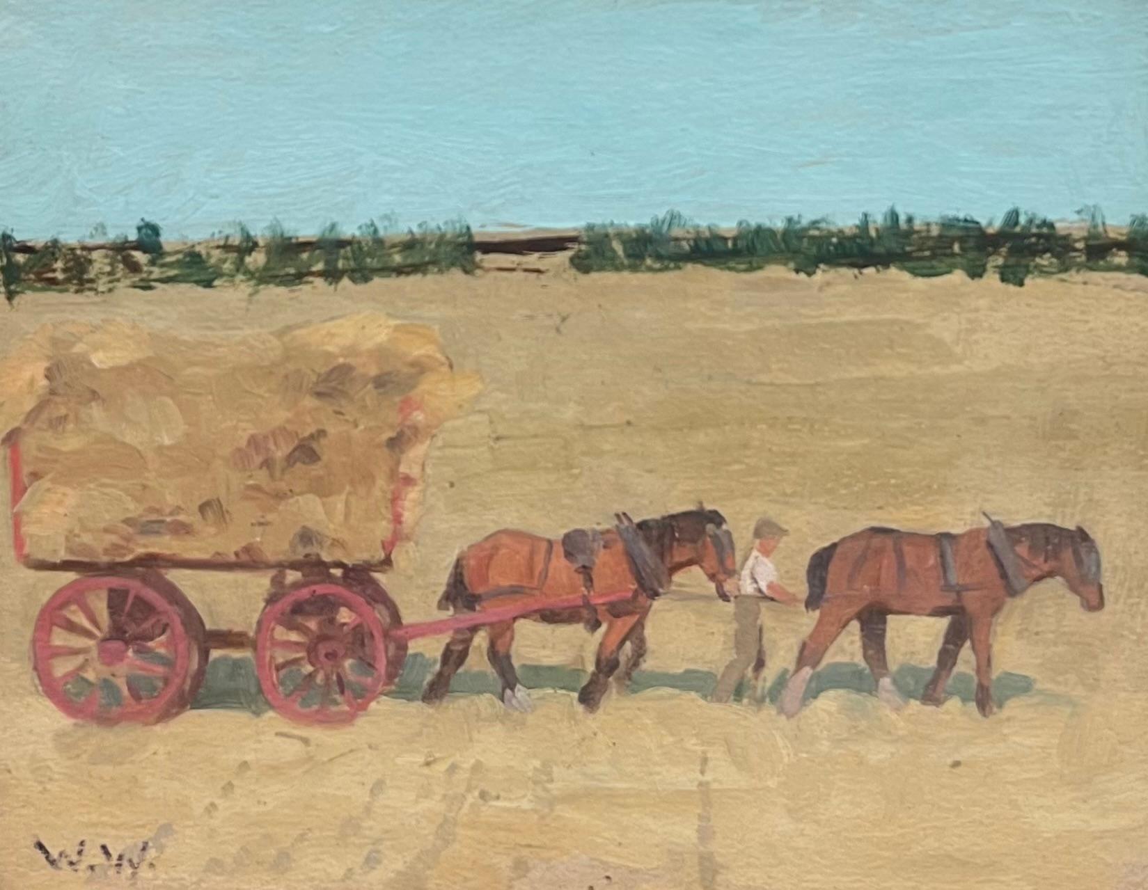The Haycart Peinture à l'huile signée English Impressionist, milieu du 20e siècle