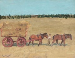 Il Carretto di Haycart Pittura ad olio firmata da English Impressionist della metà del XX secolo