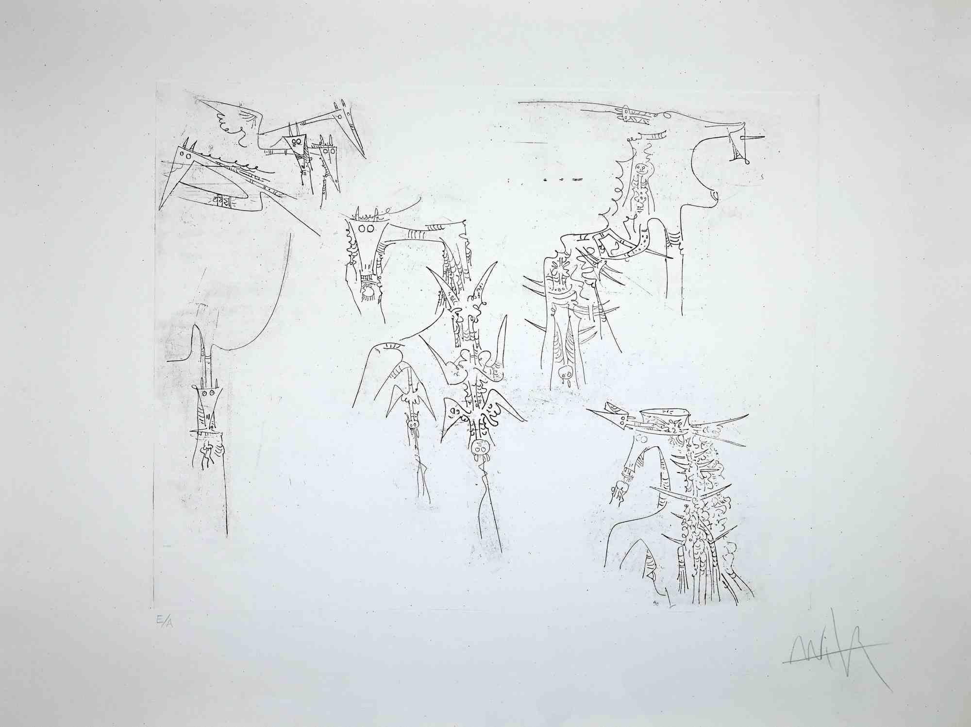 Sans titre - Eau-forte et pointe sèche originales de Wilfredo Lam - années 1960