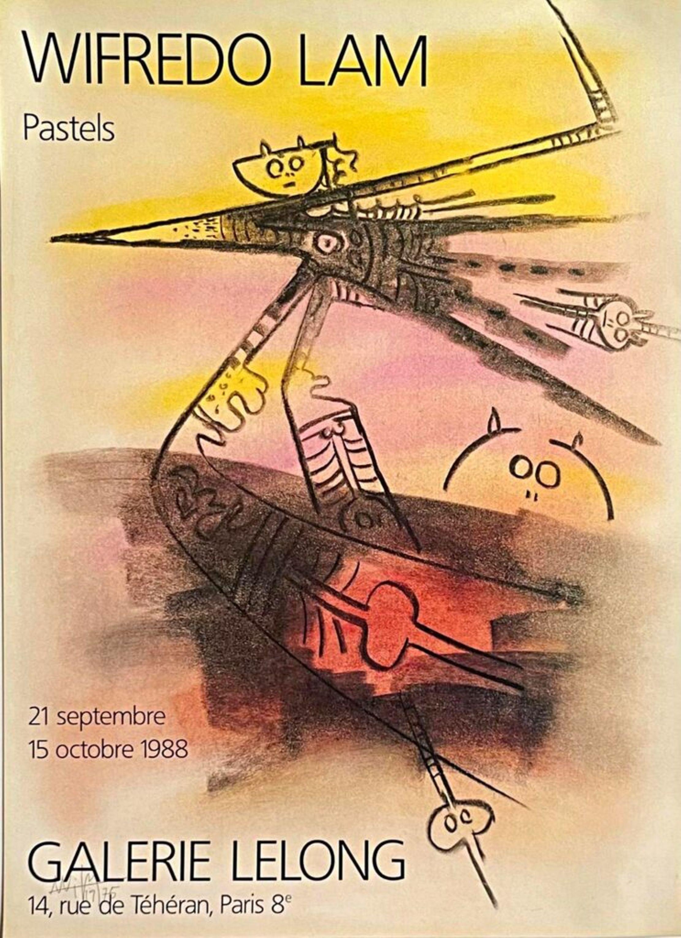 Wifredo Lam Pastelli vintage anni '80 Galerie Lelong, Parigi poster litografico offset