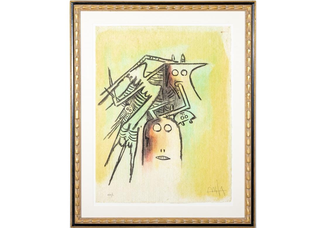 Colorful and fantastic Lithograph Pair by Wilfredo Lam, “”Demons Familliers” in yellow and “Lune Haute” in blue. Signed lower right, numbered XXIII/L lower left. Printed text on verso with poems in French and drawings in print. The artist worked in