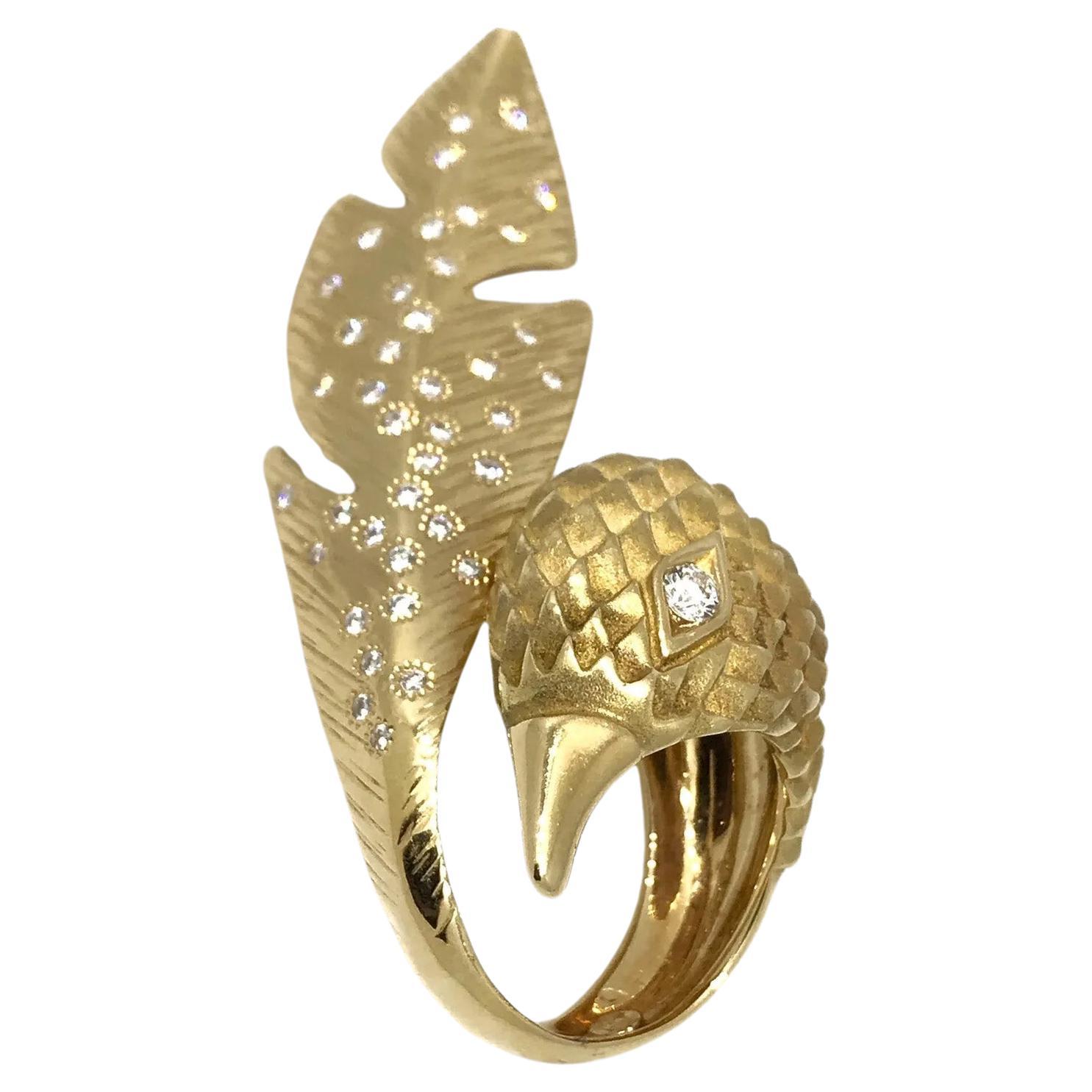 Wilfredo Rosado Bird and Feather Ring with Diamonds in 18k Yellow Gold For Sale