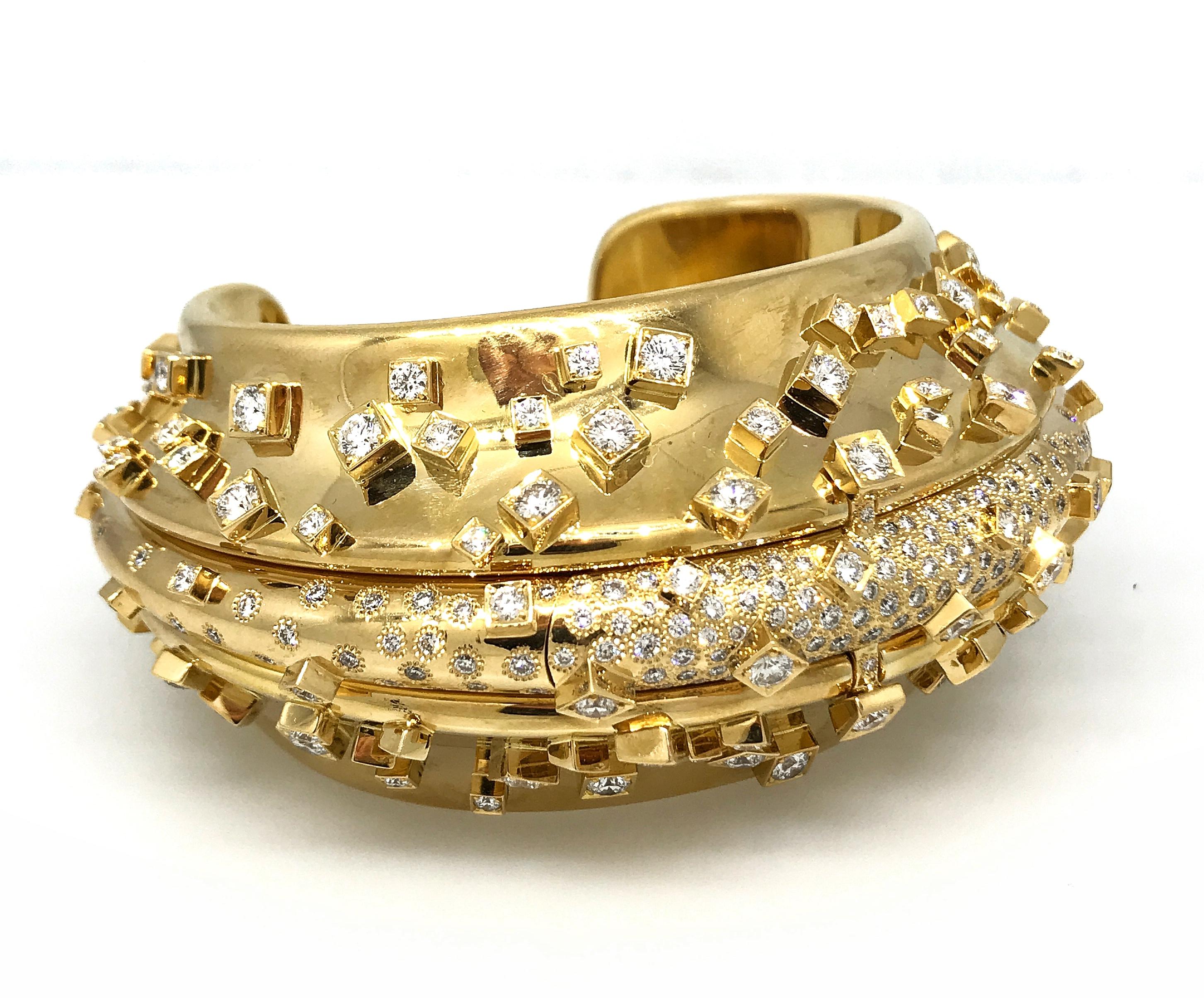 Wilfredo Rosado Diamond and Feather Array Cuff Bracelet in18k Yellow Gold For Sale 4