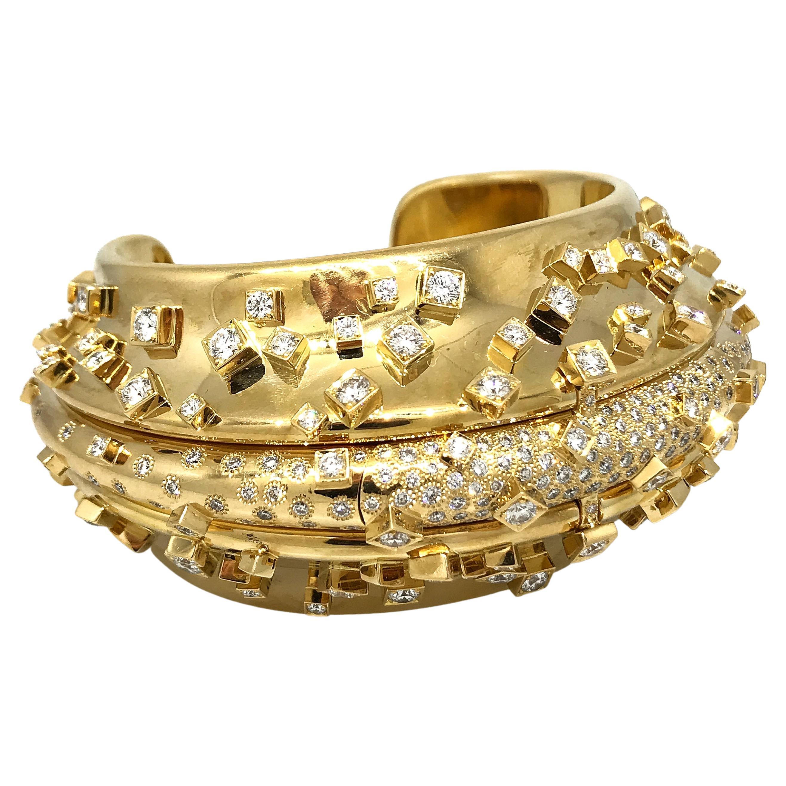 Wilfredo Rosado Diamond and Feather Array Cuff Bracelet in18k Yellow Gold For Sale