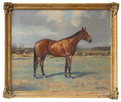 Quadro Cavallo marrone in un prato, Olio su tela, firmato, 53x63 cm
