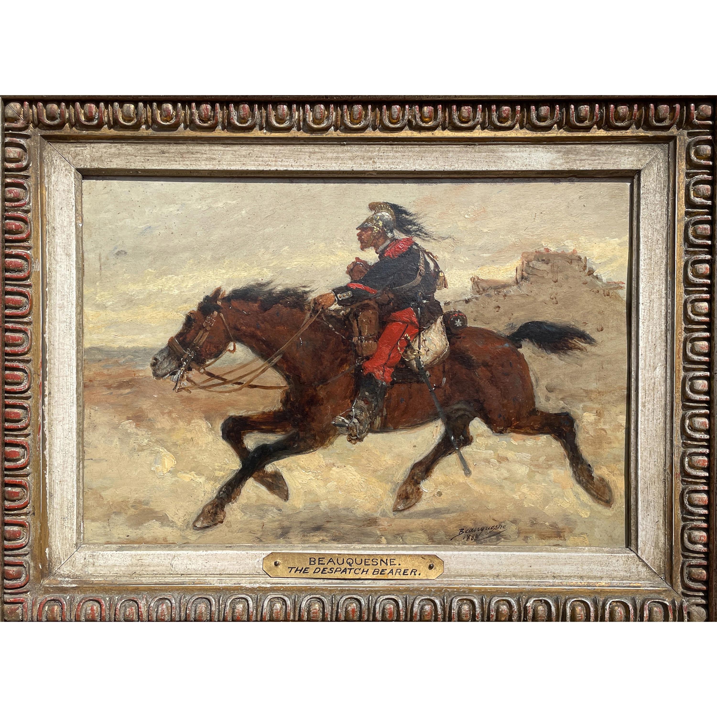 Antique French Oil Painting Army Cavarly Soldier Horse Military Despatch Bearer - Figurative Painting Marrón de Wilfrid Constant Beauquesne