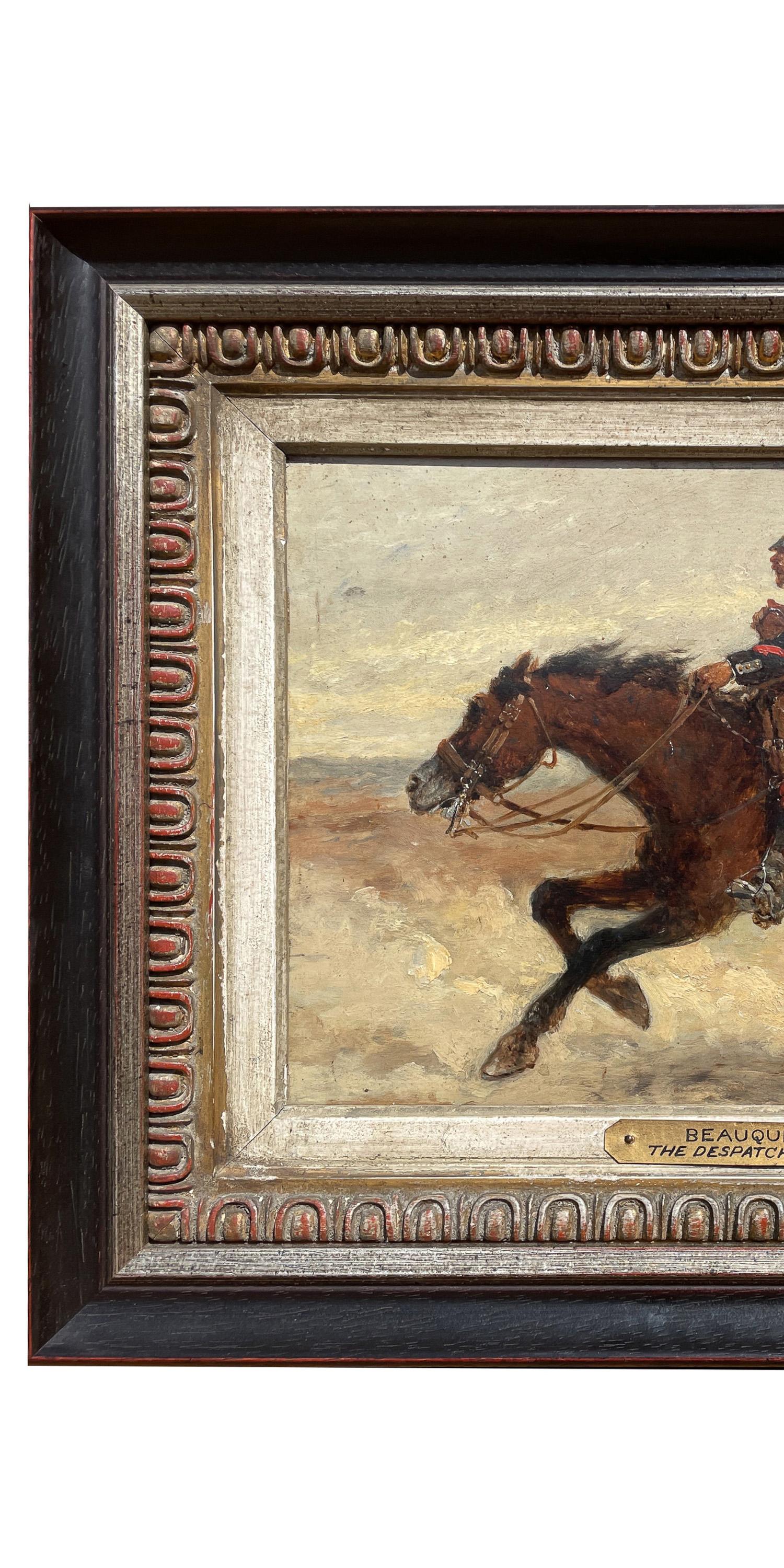 Precioso óleo antiguo de Wilfred Constant Beauquesne (1847-1913), de un soldado de caballería francés a caballo, 1883.
El cuadro, titulado 